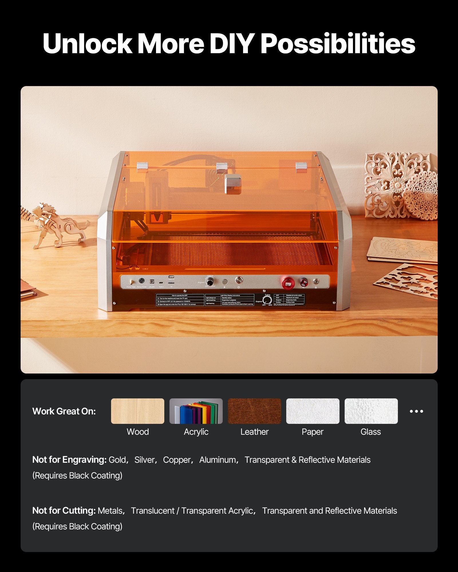 Laser Engraver 20W with Enclosure, 400x400mm Area, Cutter for Wood, Leather, Glass