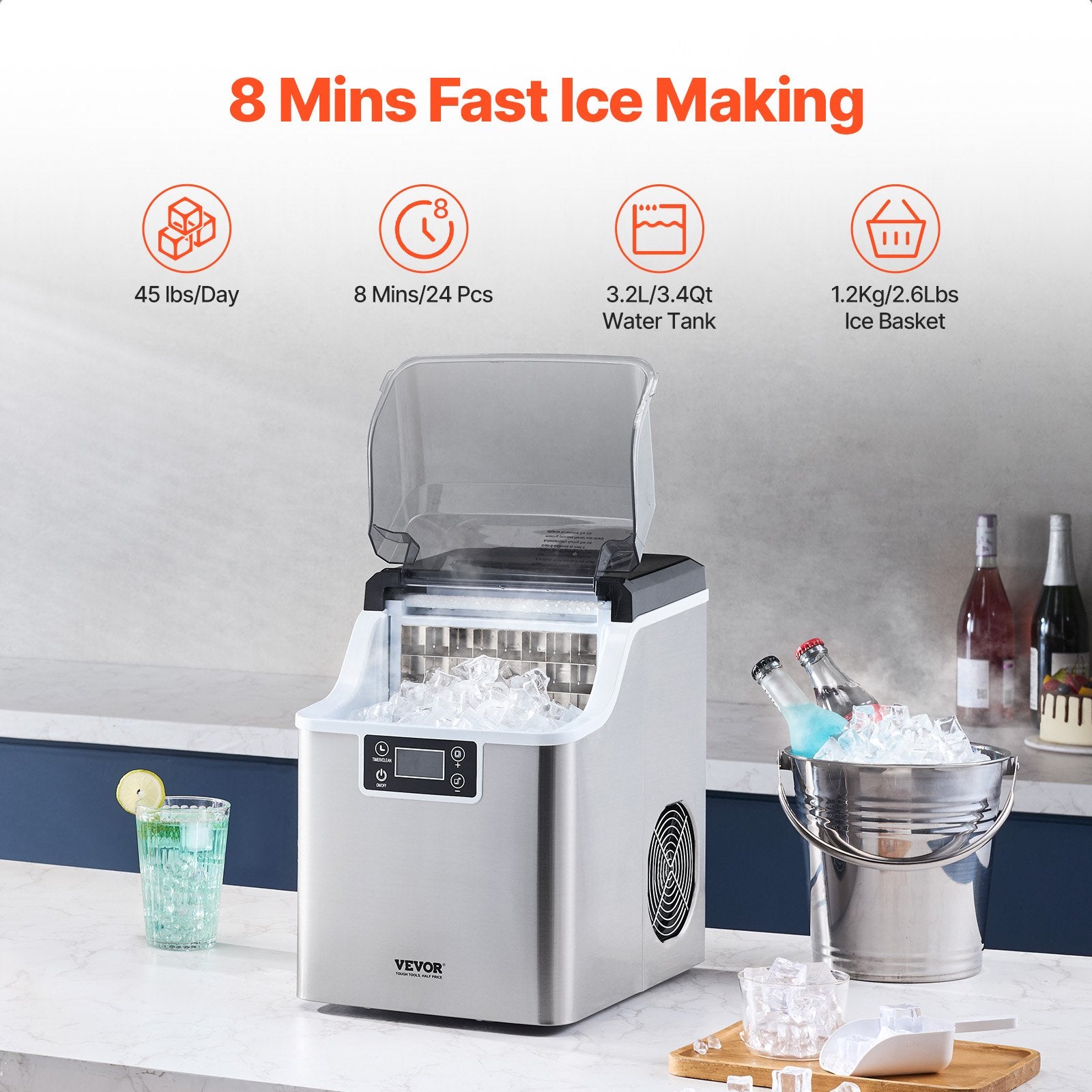 Countertop Ice Maker 45lbs/24H 24-Cube Self-Cleaning Portable Scoop Basket