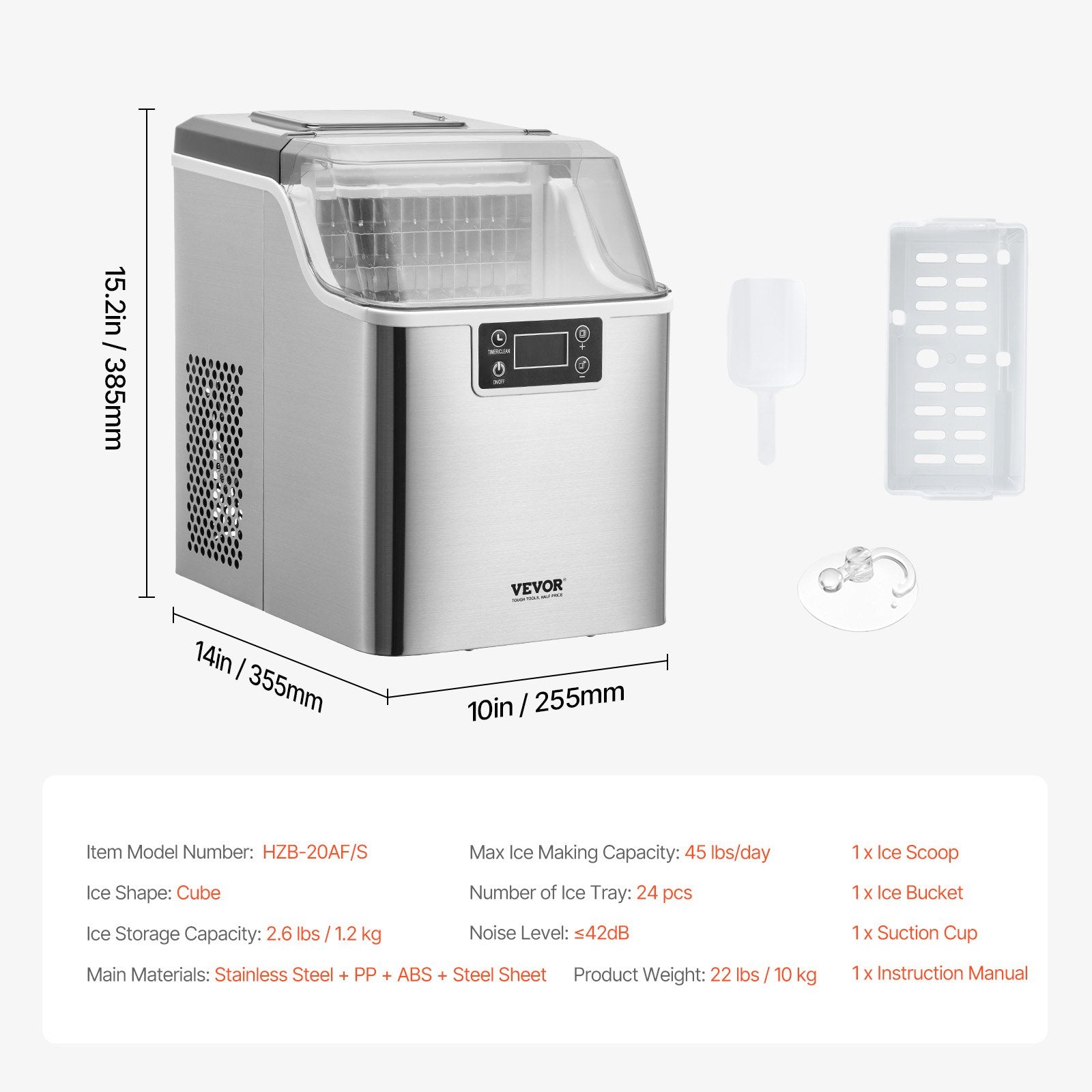 Countertop Ice Maker 45lbs/24H 24-Cube Self-Cleaning Portable Scoop Basket