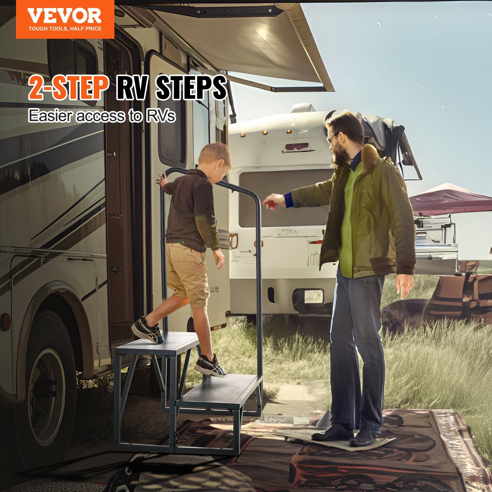 RV Steps 2-Step 199.58kg Carbon Steel Non-Slip w/Handrail for RV Trailer Camper