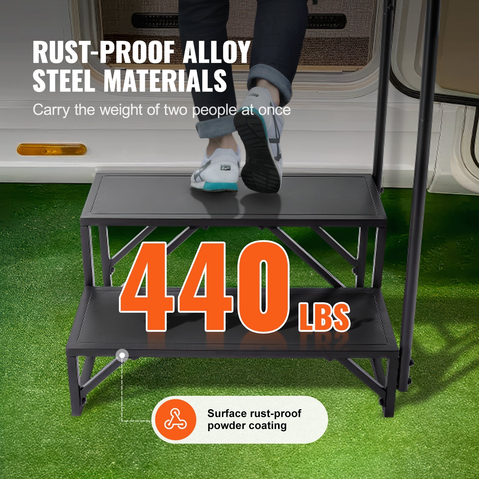 RV Steps 2-Step 199.58kg Carbon Steel Non-Slip w/Handrail for RV Trailer Camper
