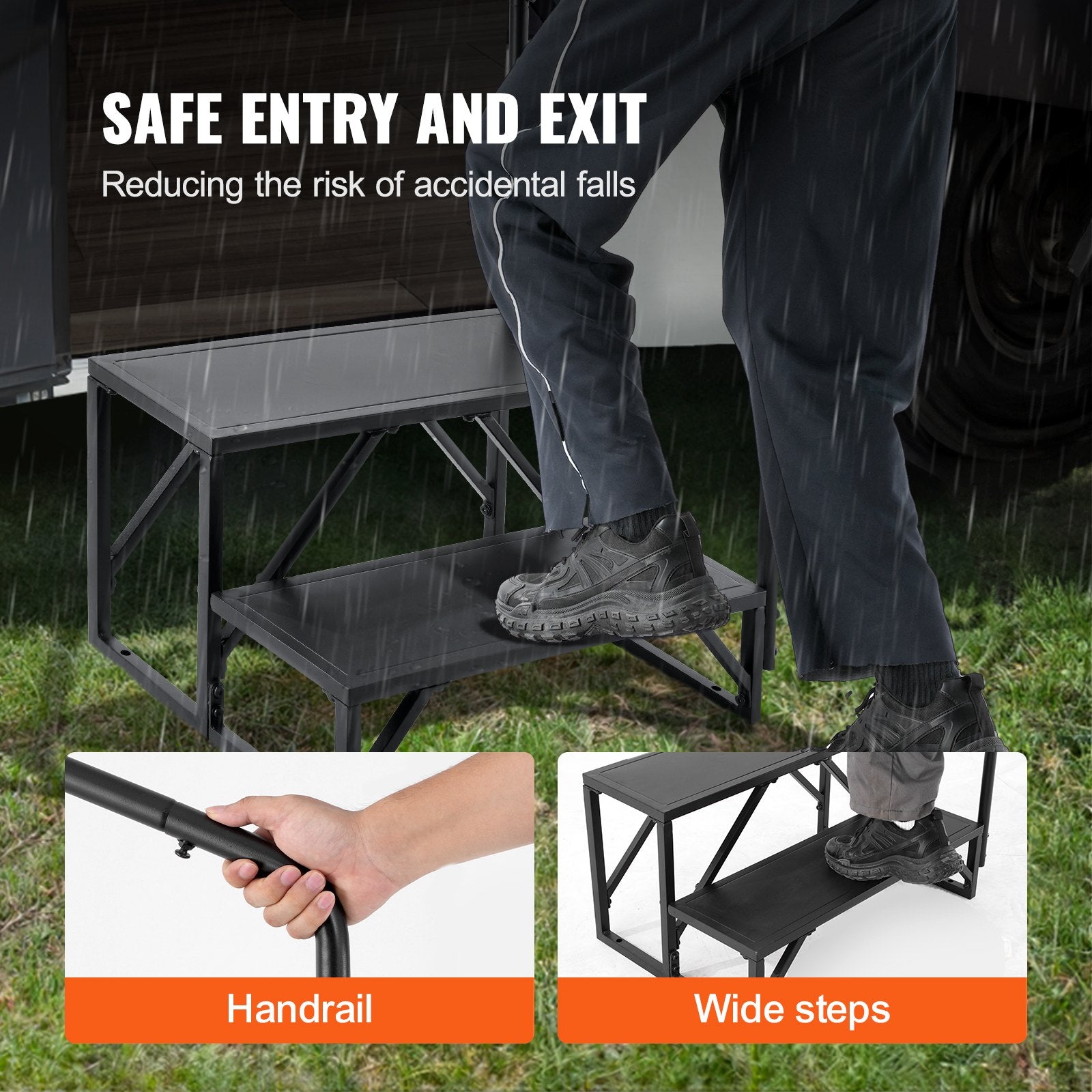 RV Steps 2-Step 199.58kg Carbon Steel Non-Slip w/Handrail for RV Trailer Camper