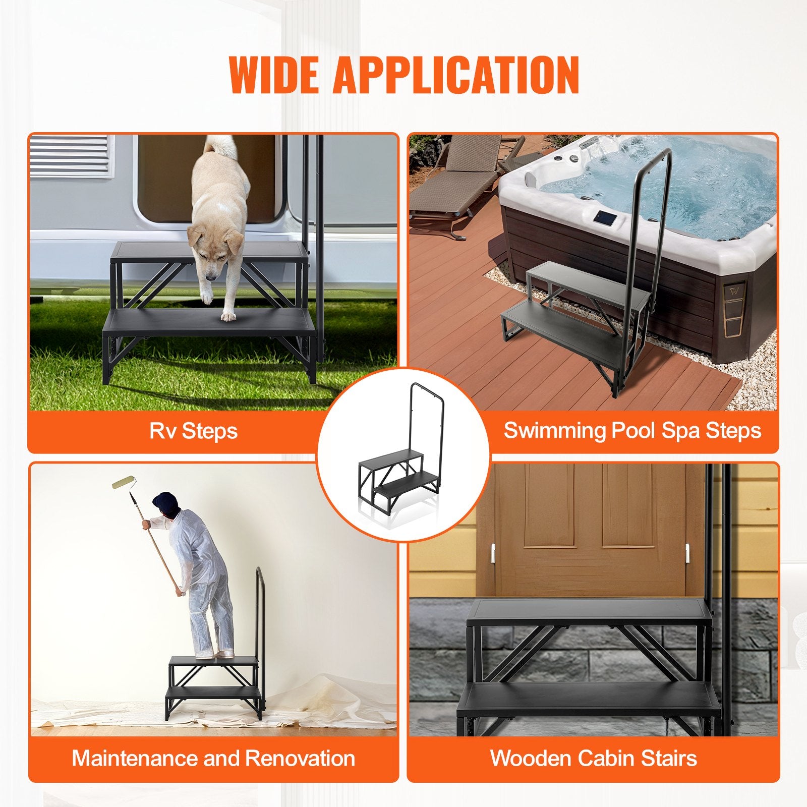 RV Steps 2-Step 199.58kg Carbon Steel Non-Slip w/Handrail for RV Trailer Camper
