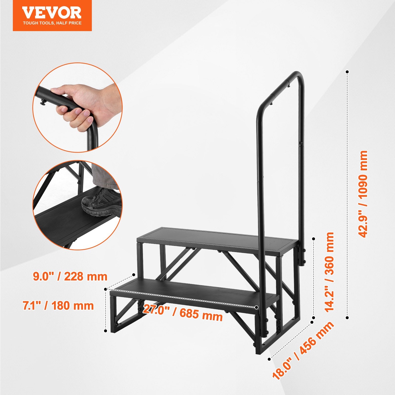 RV Steps 2-Step 199.58kg Carbon Steel Non-Slip w/Handrail for RV Trailer Camper
