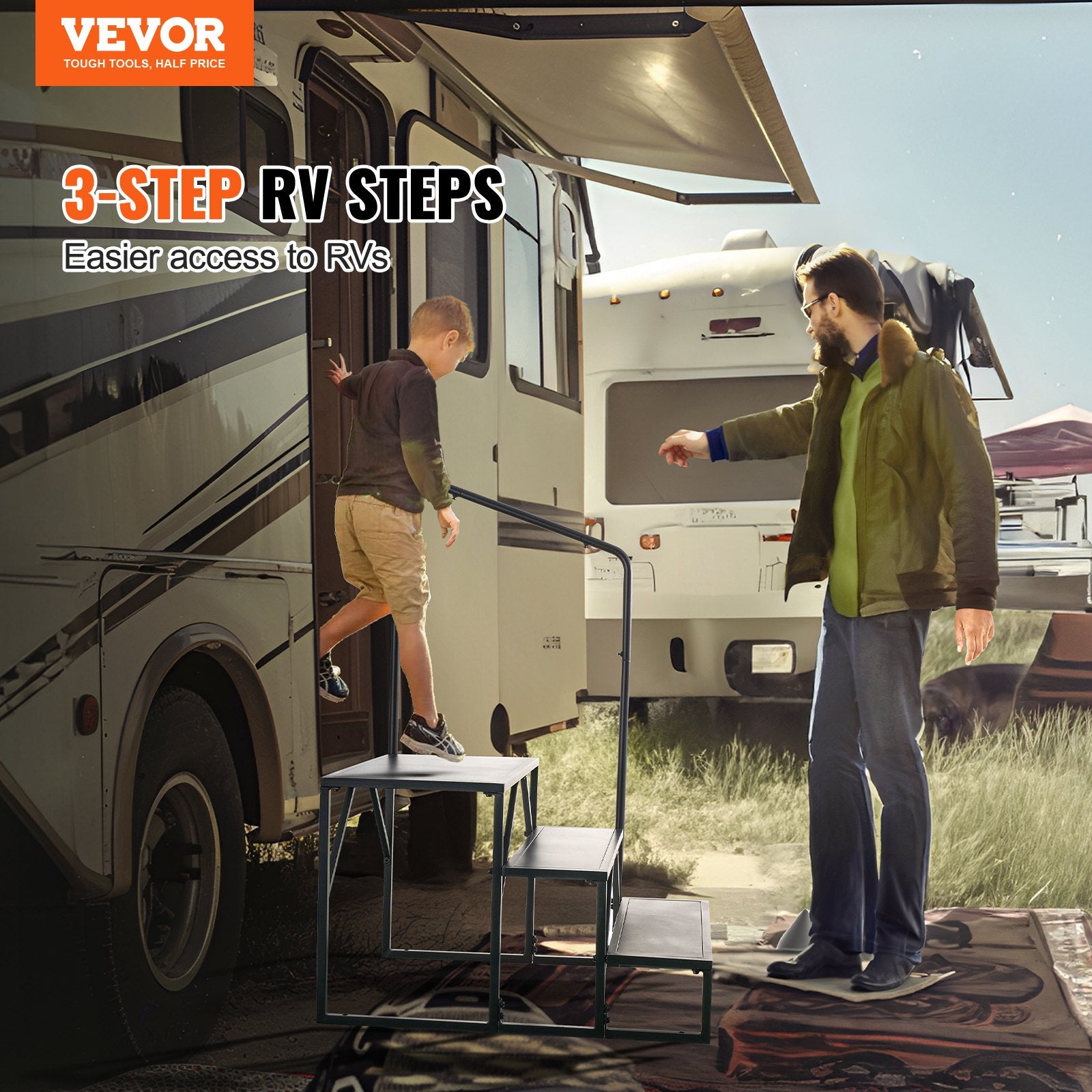 RV Steps 3-Step 199.58kg Carbon Steel Non-Slip w/Handrail for RV Trailer Camper