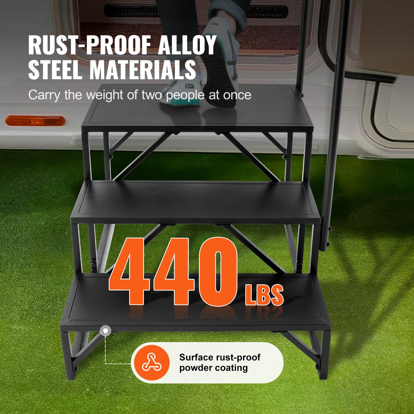 RV Steps 3-Step 199.58kg Carbon Steel Non-Slip w/Handrail for RV Trailer Camper