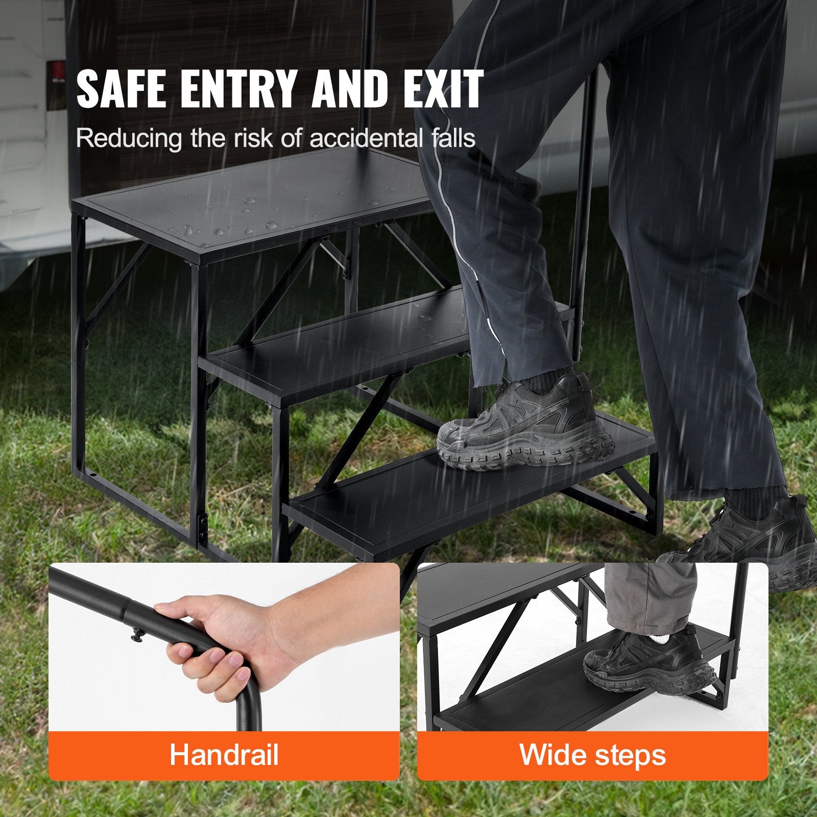 RV Steps 3-Step 199.58kg Carbon Steel Non-Slip w/Handrail for RV Trailer Camper