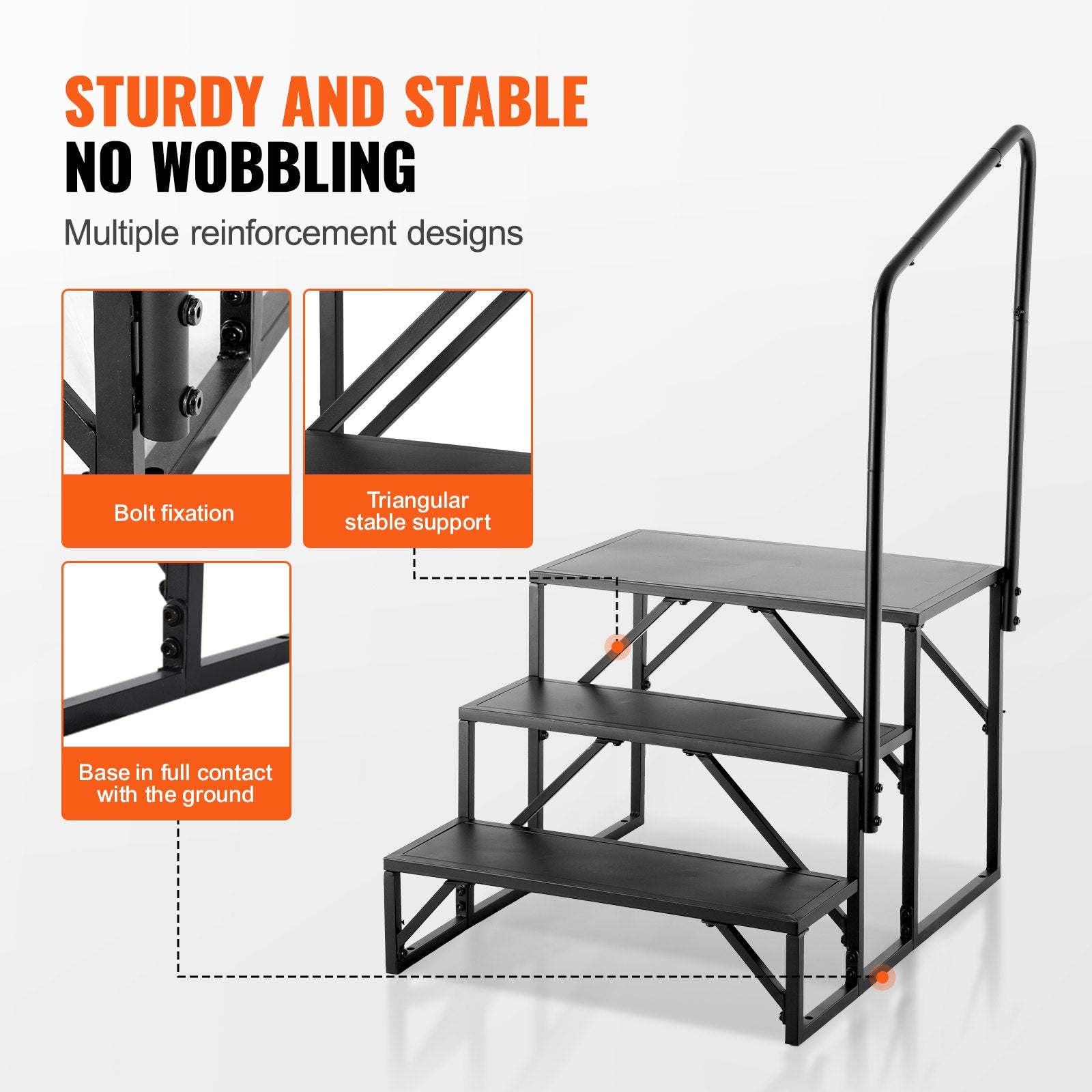 RV Steps 3-Step 199.58kg Carbon Steel Non-Slip w/Handrail for RV Trailer Camper