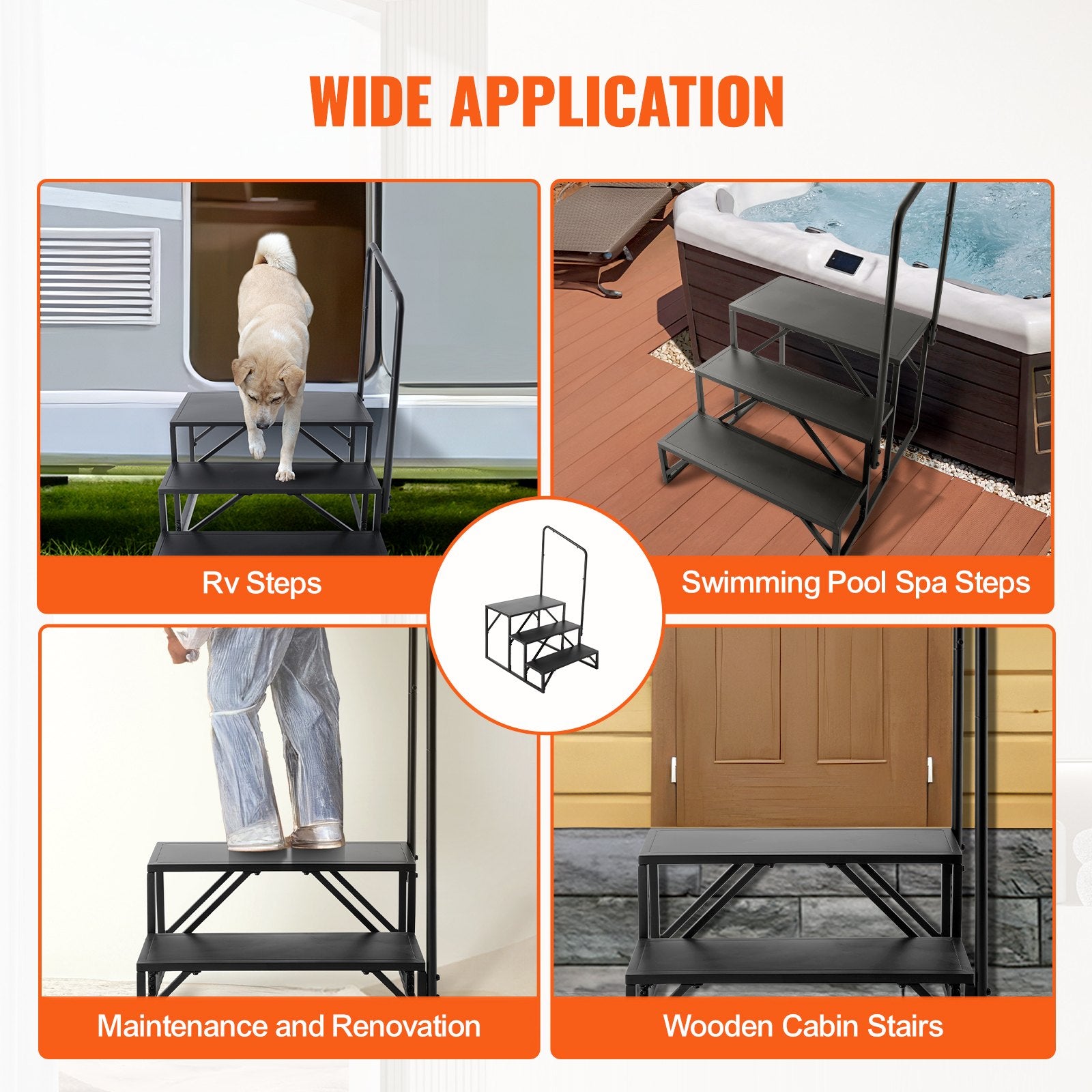RV Steps 3-Step 199.58kg Carbon Steel Non-Slip w/Handrail for RV Trailer Camper