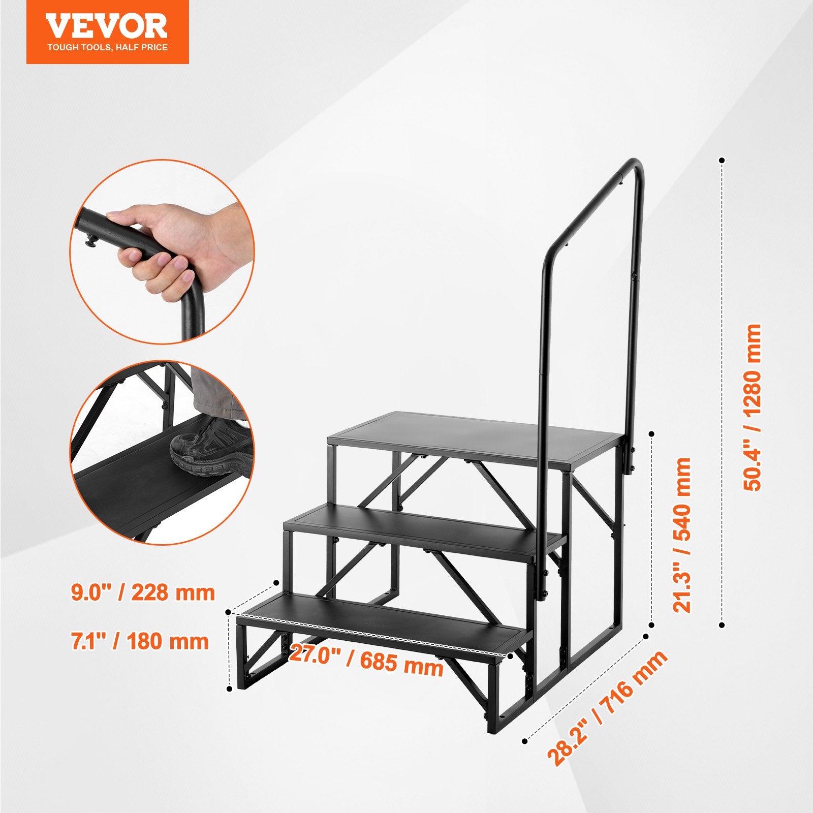RV Steps 3-Step 199.58kg Carbon Steel Non-Slip w/Handrail for RV Trailer Camper
