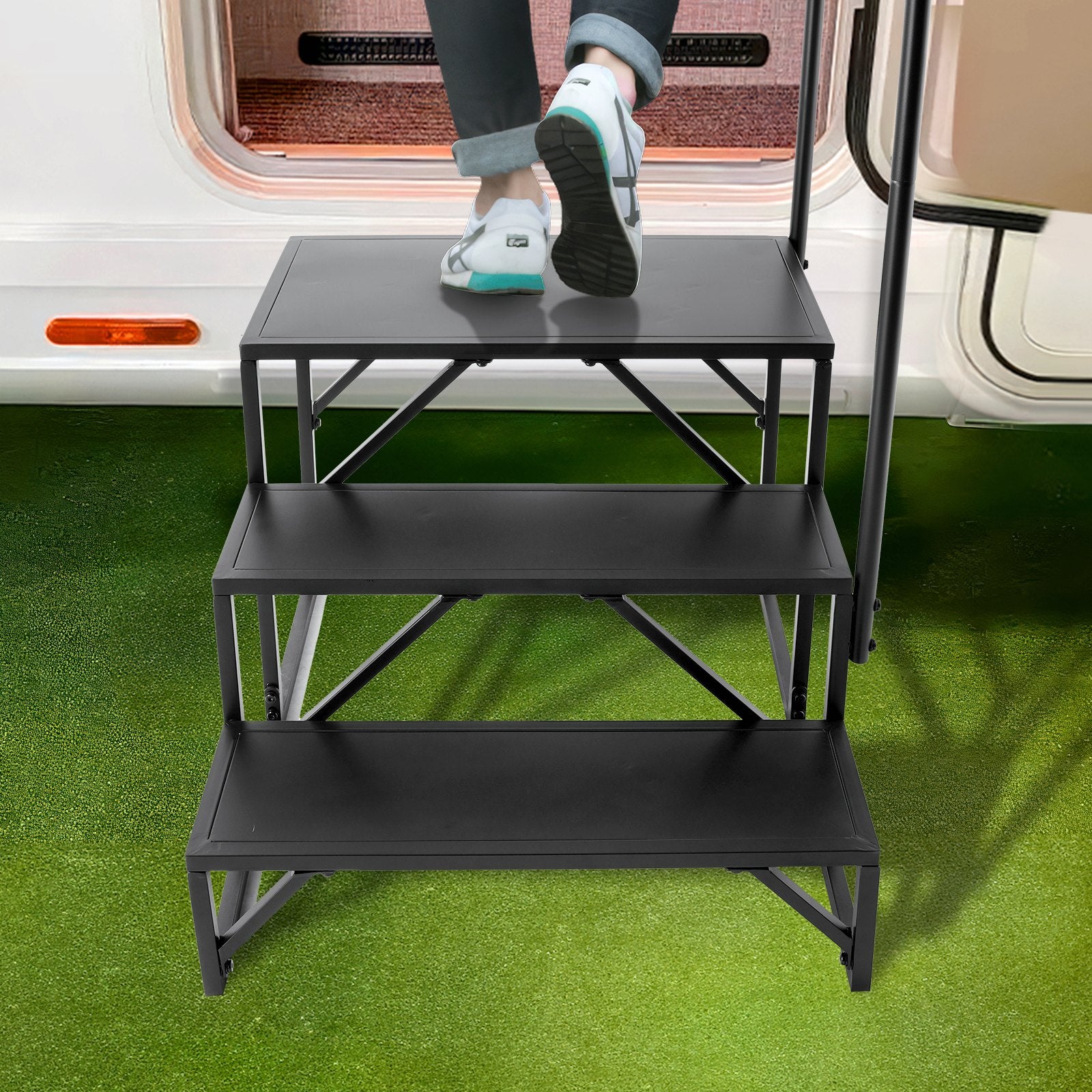 RV Steps 3-Step 199.58kg Carbon Steel Non-Slip w/Handrail for RV Trailer Camper