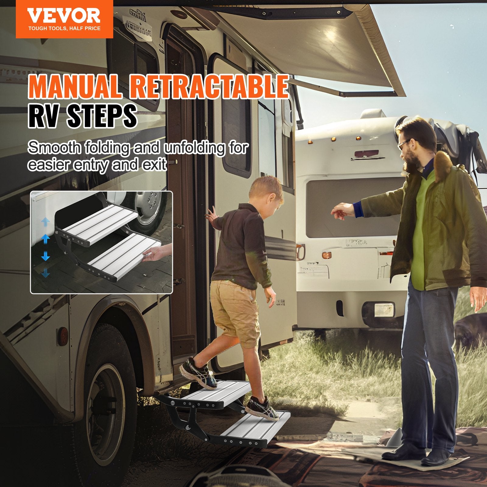RV Steps 2-Step Manual Retractable Foldable 440lbs Aluminum Non-Slip Trailer