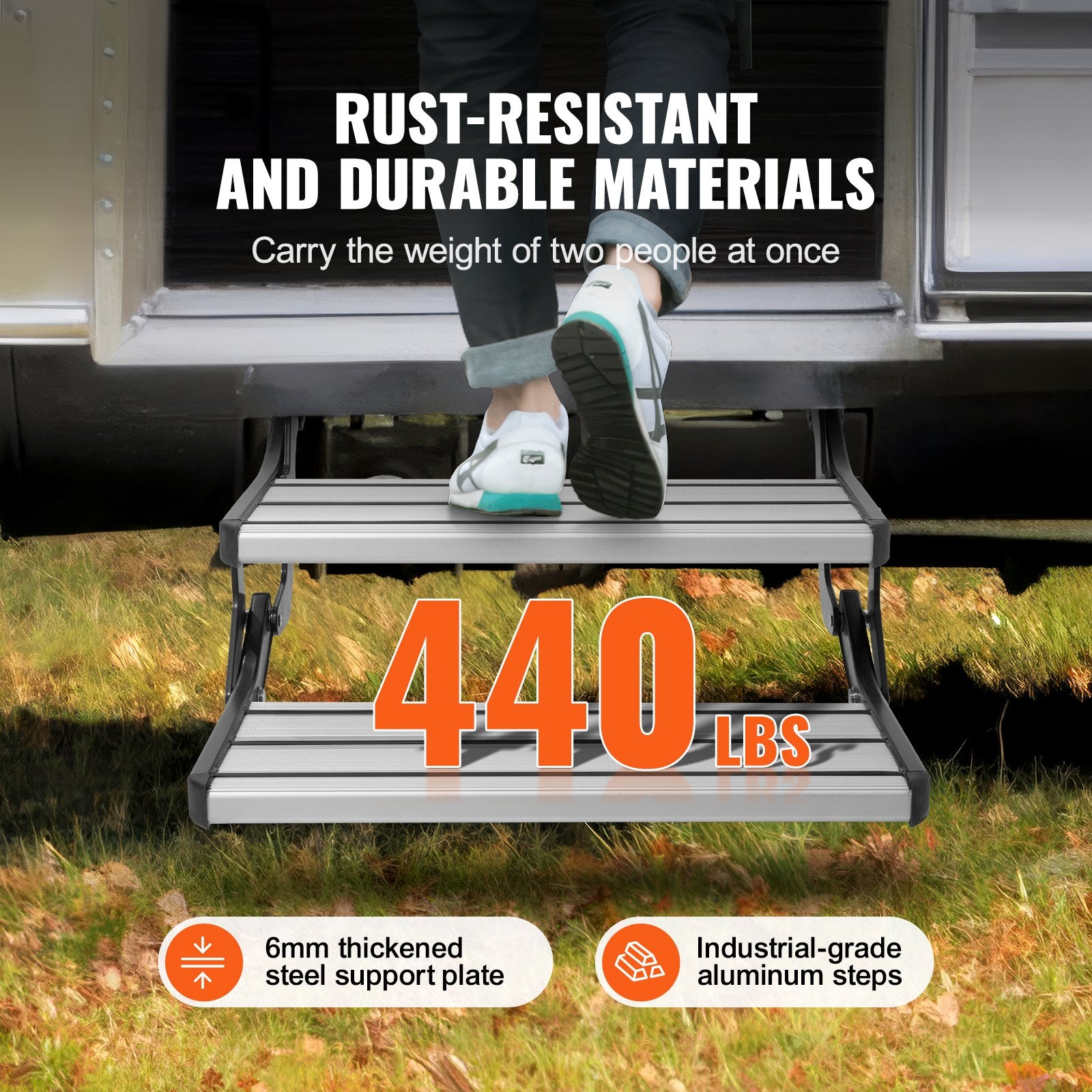 RV Steps 2-Step Manual Retractable Foldable 440lbs Aluminum Non-Slip Trailer