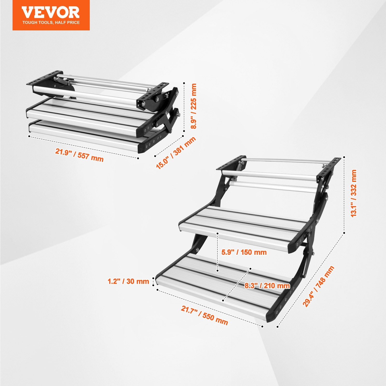RV Steps 2-Step Manual Retractable Foldable 440lbs Aluminum Non-Slip Trailer
