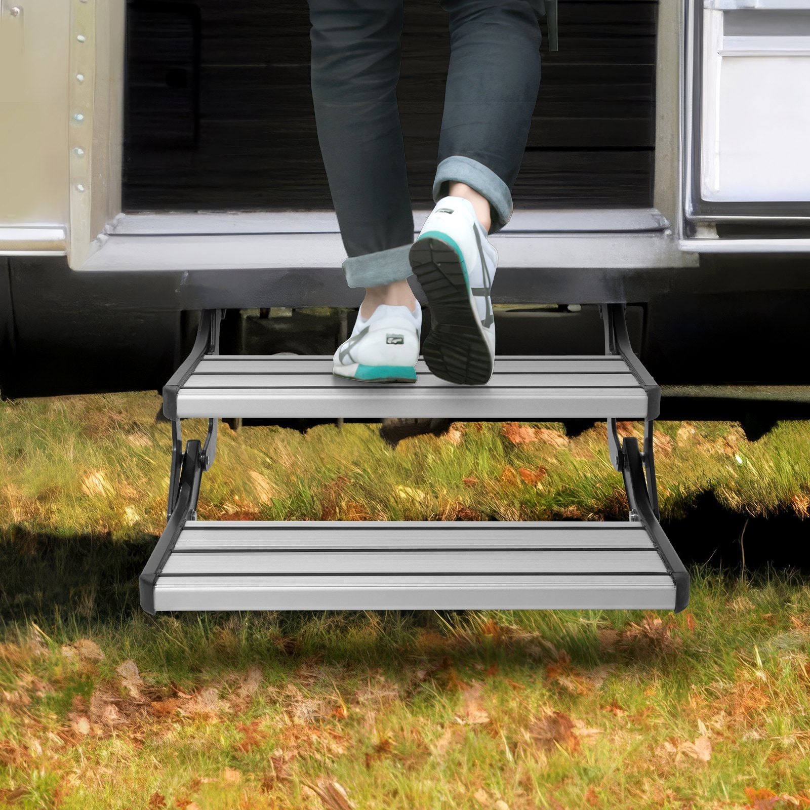 RV Steps 2-Step Manual Retractable Foldable 440lbs Aluminum Non-Slip Trailer