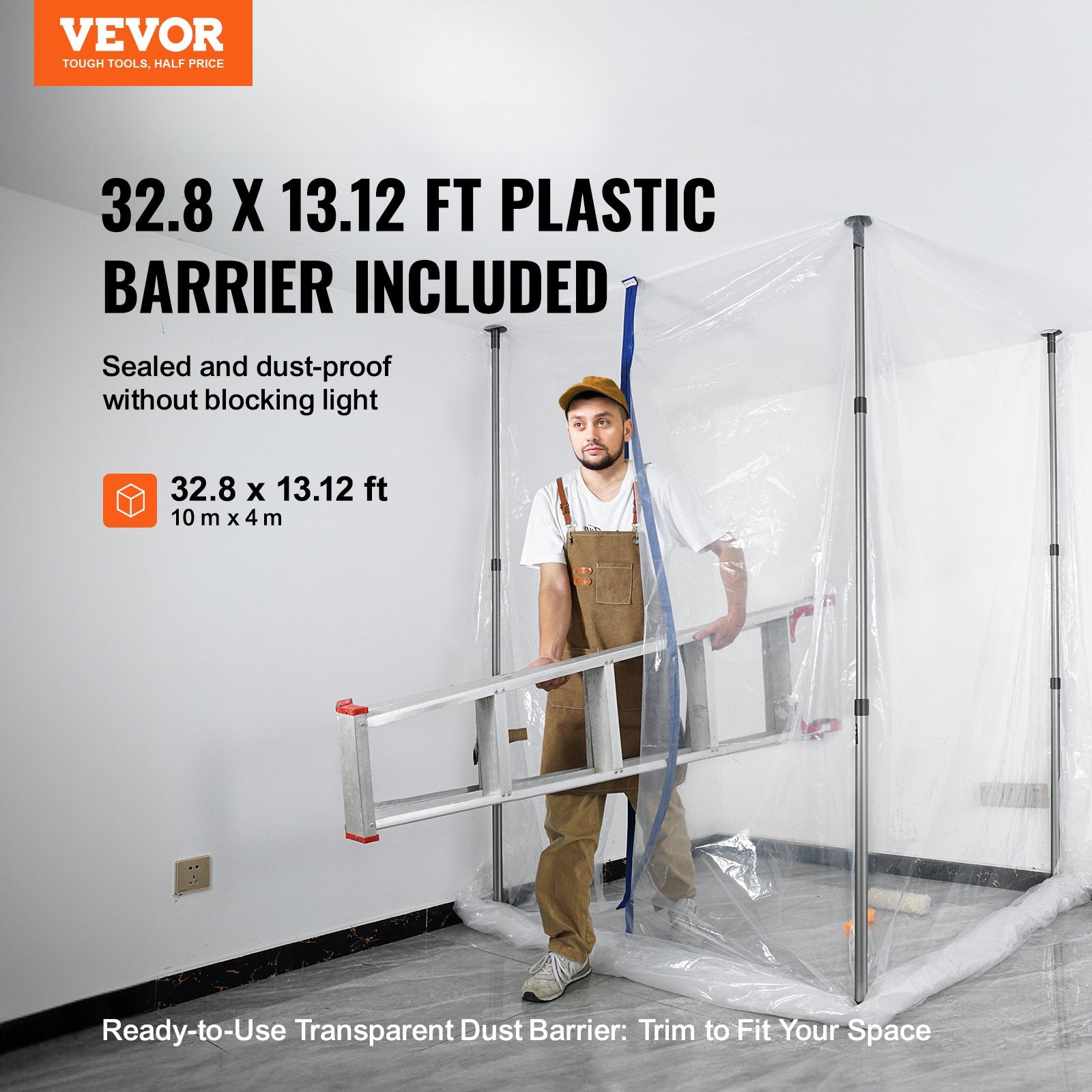 Dust Barrier Poles System 10 Ft with Plastic Film Magnetic Zipper 4 Poles