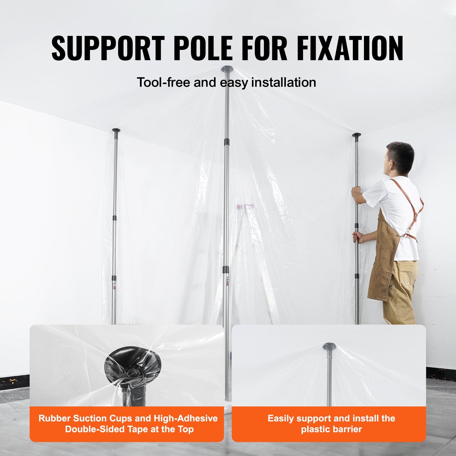 Dust Barrier Poles System 10 Ft with Plastic Film Magnetic Zipper 4 Poles