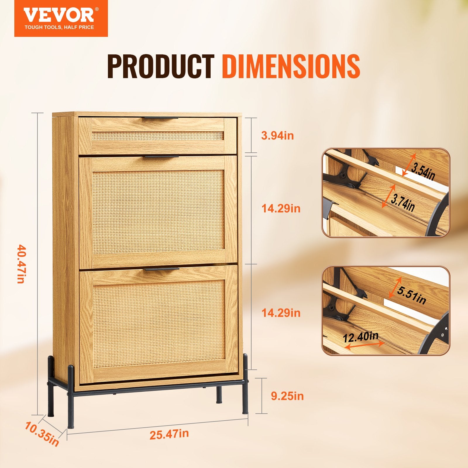 Rattan Shoe Cabinet, Narrow Storage Organizer with 2 Flip Drawers and 1 Slide Drawer