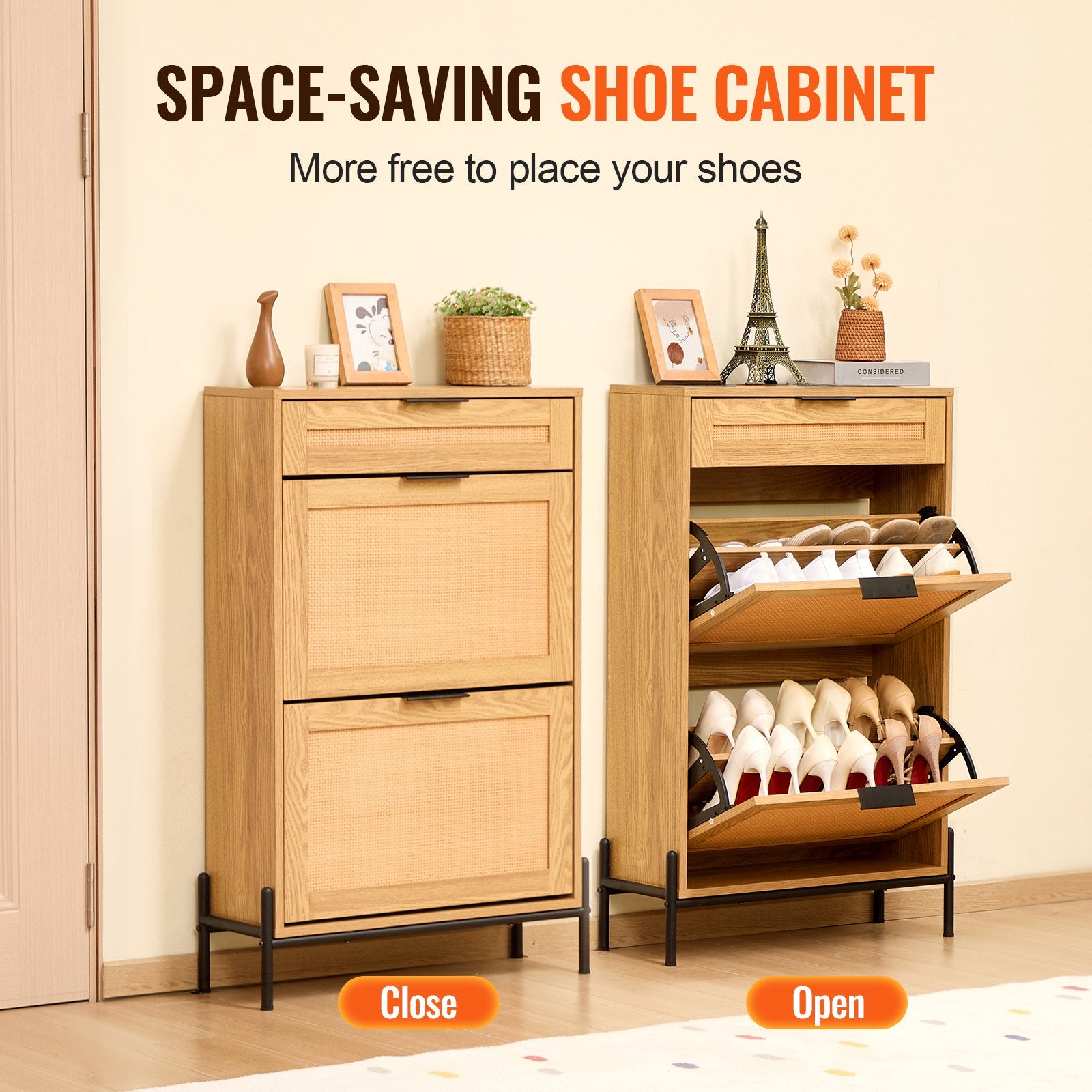 Rattan Shoe Cabinet, Narrow Storage Organizer with 2 Flip Drawers and 1 Slide Drawer