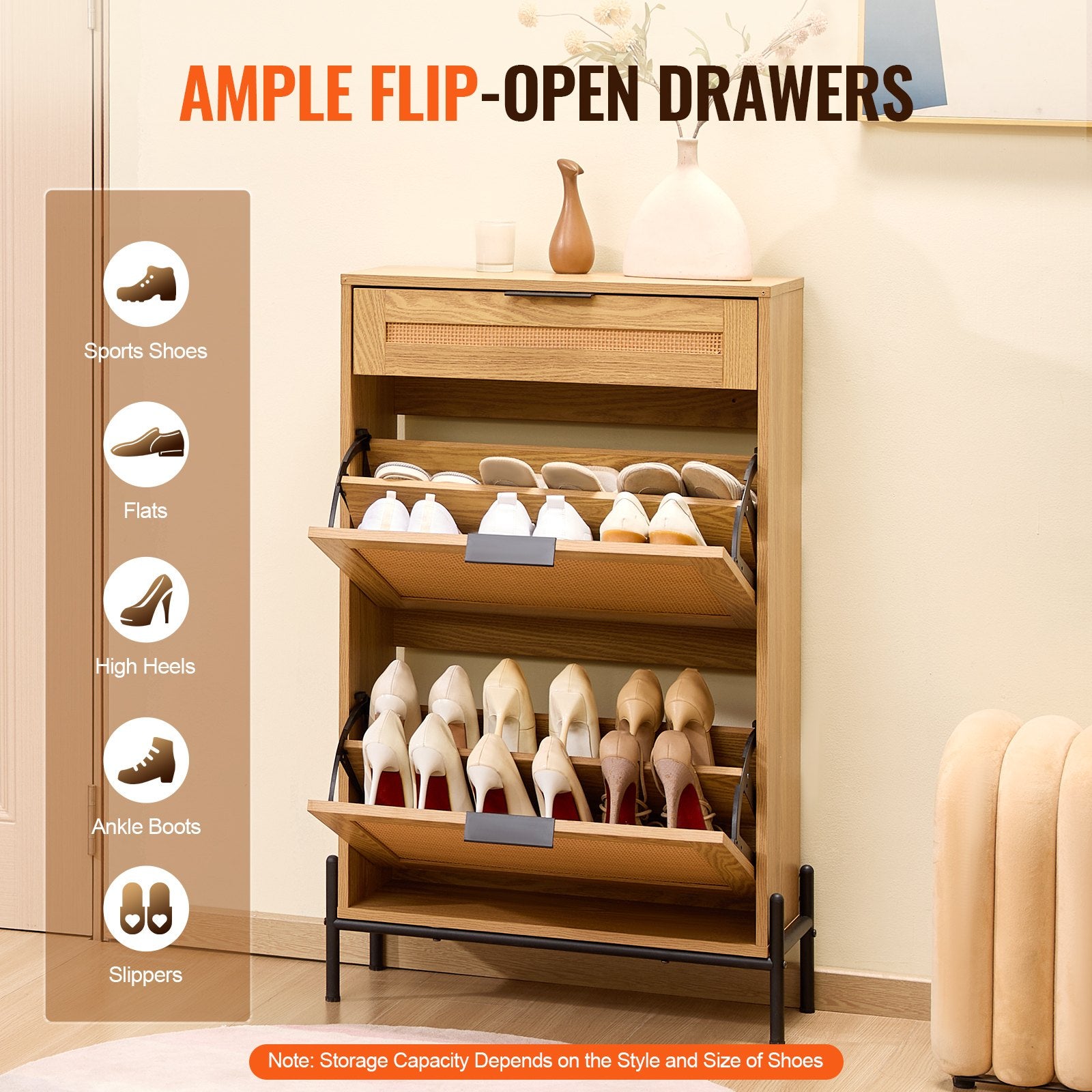 Rattan Shoe Cabinet, Narrow Storage Organizer with 2 Flip Drawers and 1 Slide Drawer