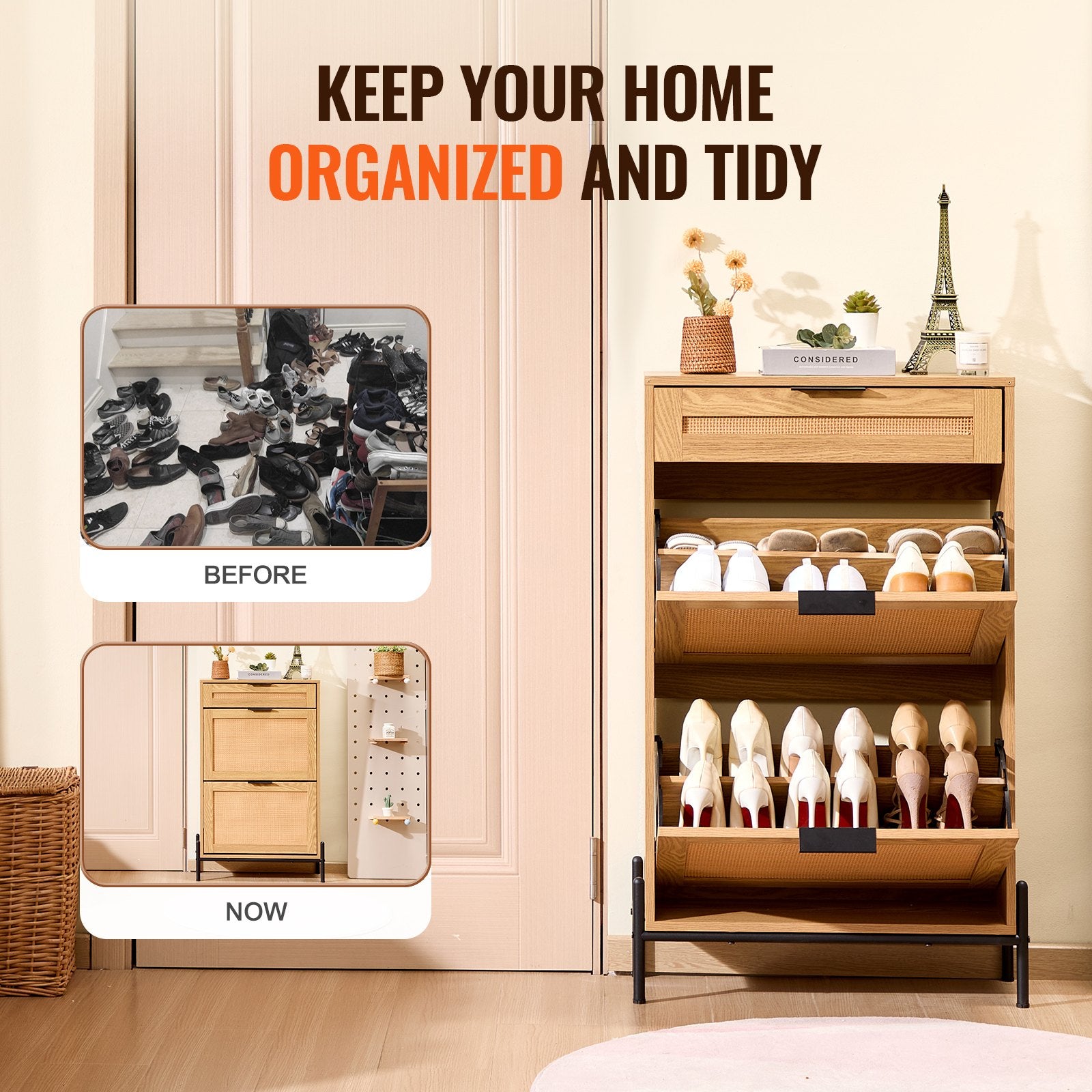 Rattan Shoe Cabinet, Narrow Storage Organizer with 2 Flip Drawers and 1 Slide Drawer