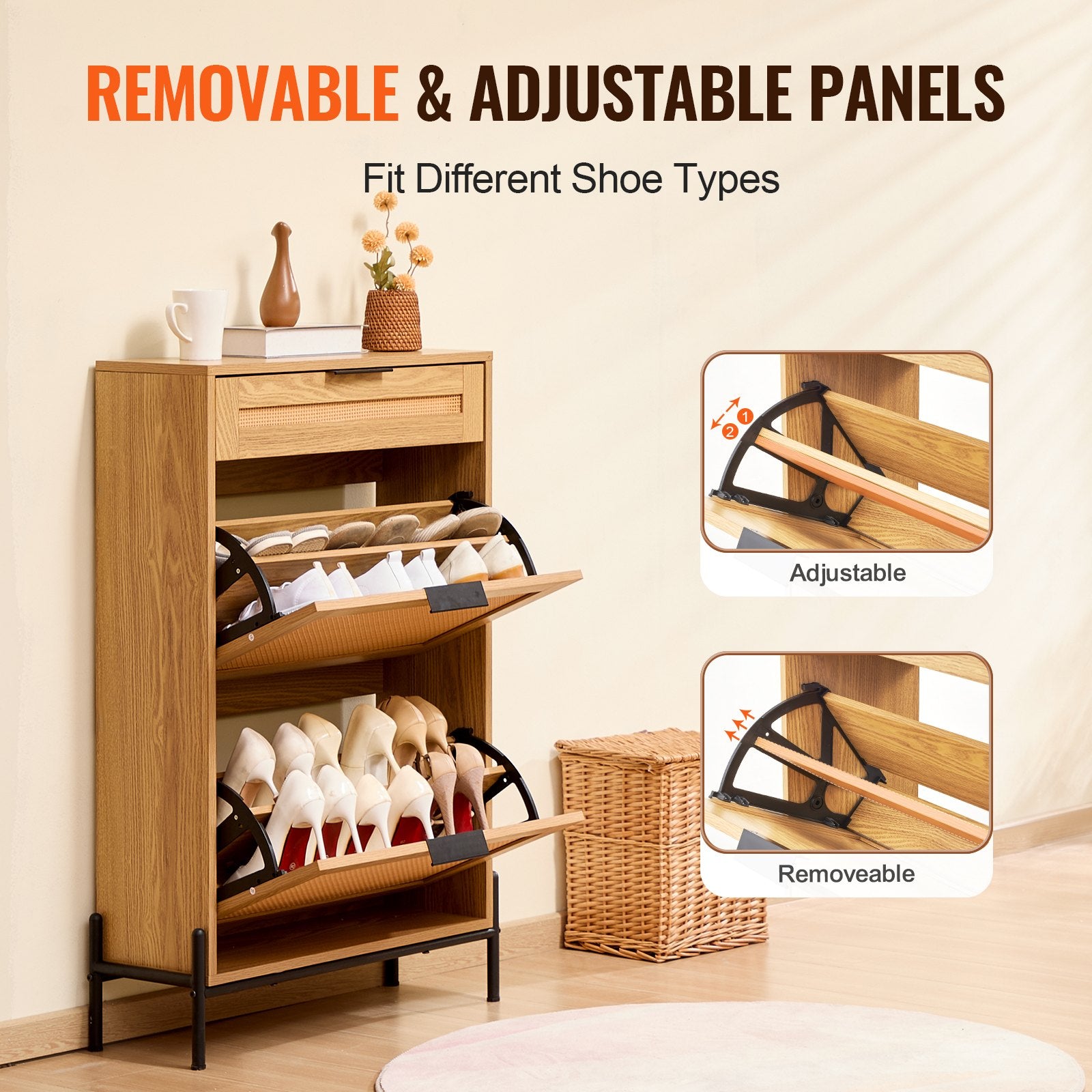 Rattan Shoe Cabinet, Narrow Storage Organizer with 2 Flip Drawers and 1 Slide Drawer
