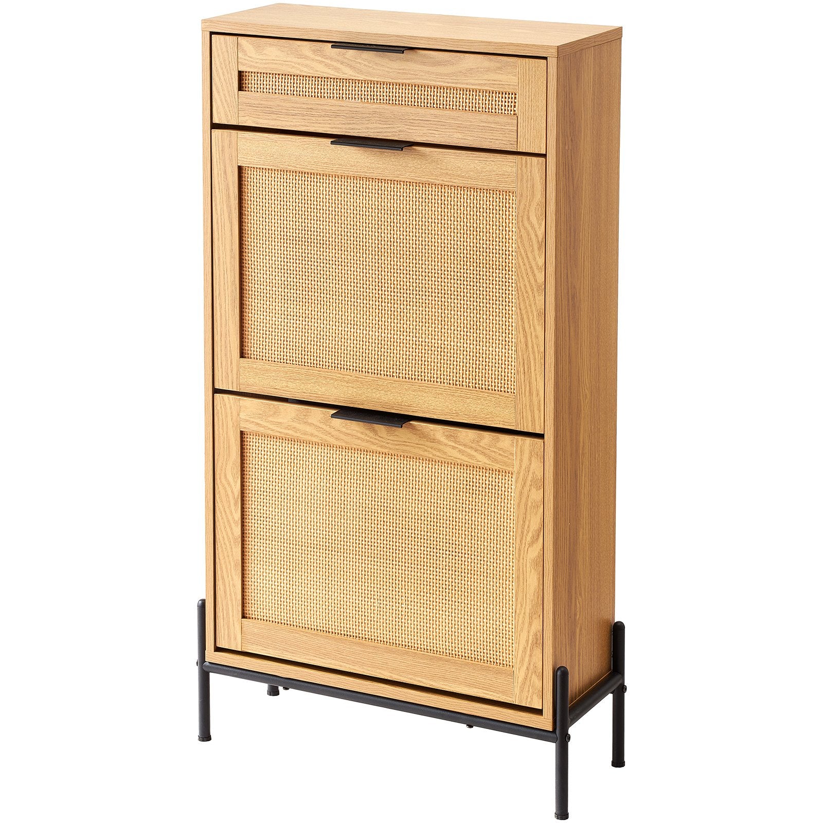 Rattan Shoe Cabinet, Narrow Storage Organizer with 2 Flip Drawers and 1 Slide Drawer