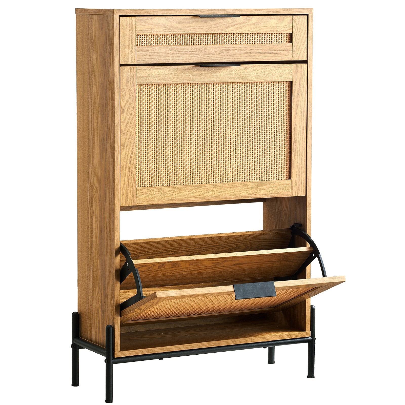 Rattan Shoe Cabinet, Narrow Storage Organizer with 2 Flip Drawers and 1 Slide Drawer