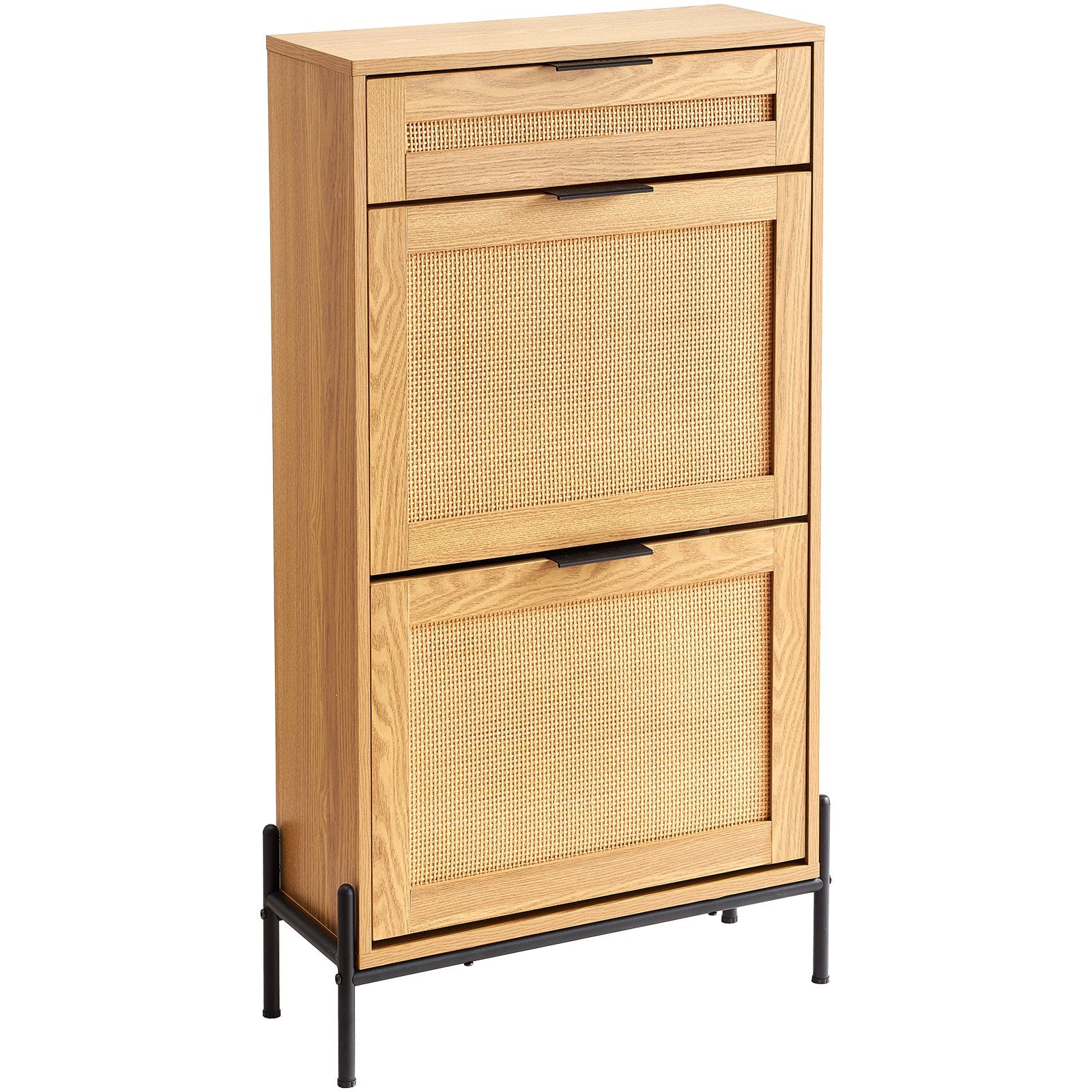 Rattan Shoe Cabinet, Narrow Storage Organizer with 2 Flip Drawers and 1 Slide Drawer