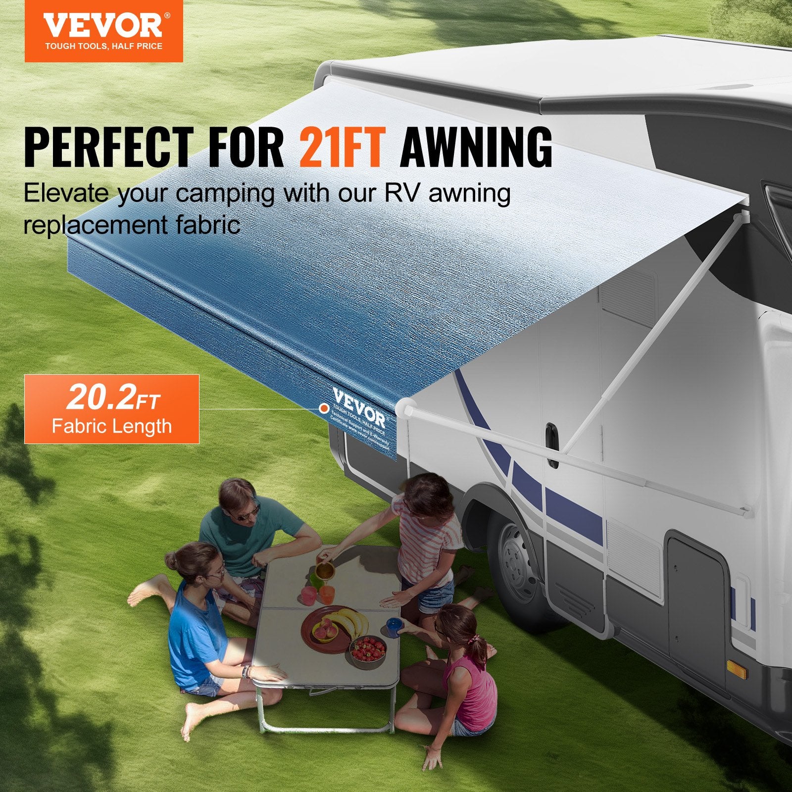 RV Awning Fabric Replacement 615cm 21ft Heavy Duty 3-Ply PVC Waterproof Blue