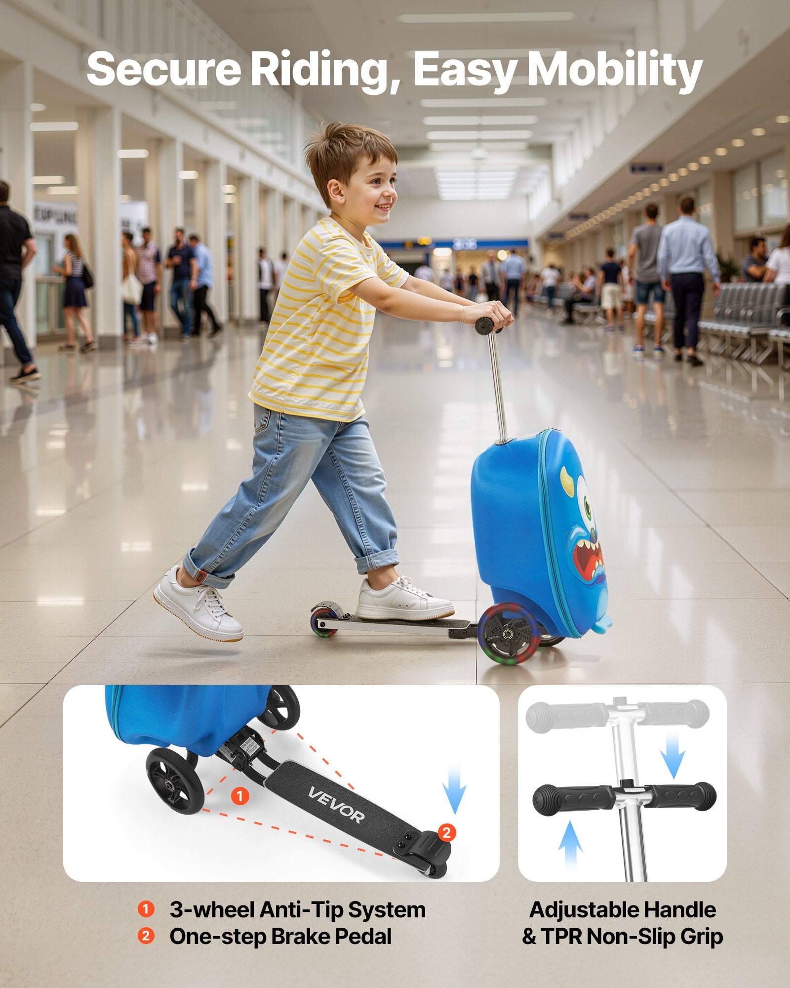 Ride-on Luggage 20L 20in Kids Scooter Suitcase Flash PU Wheels Blue