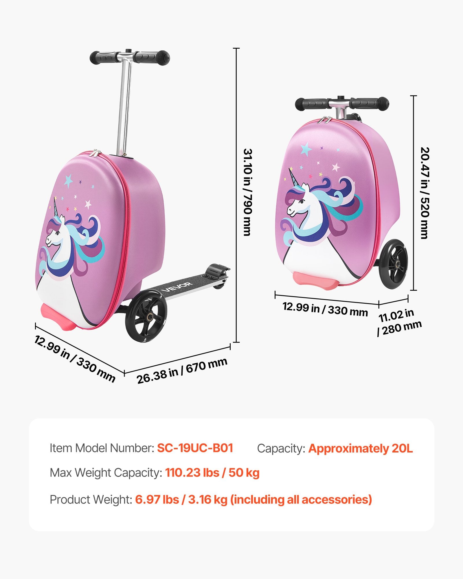 Ride-on Luggage 20L 20in Kids Scooter Suitcase Flash PU Wheels Purple