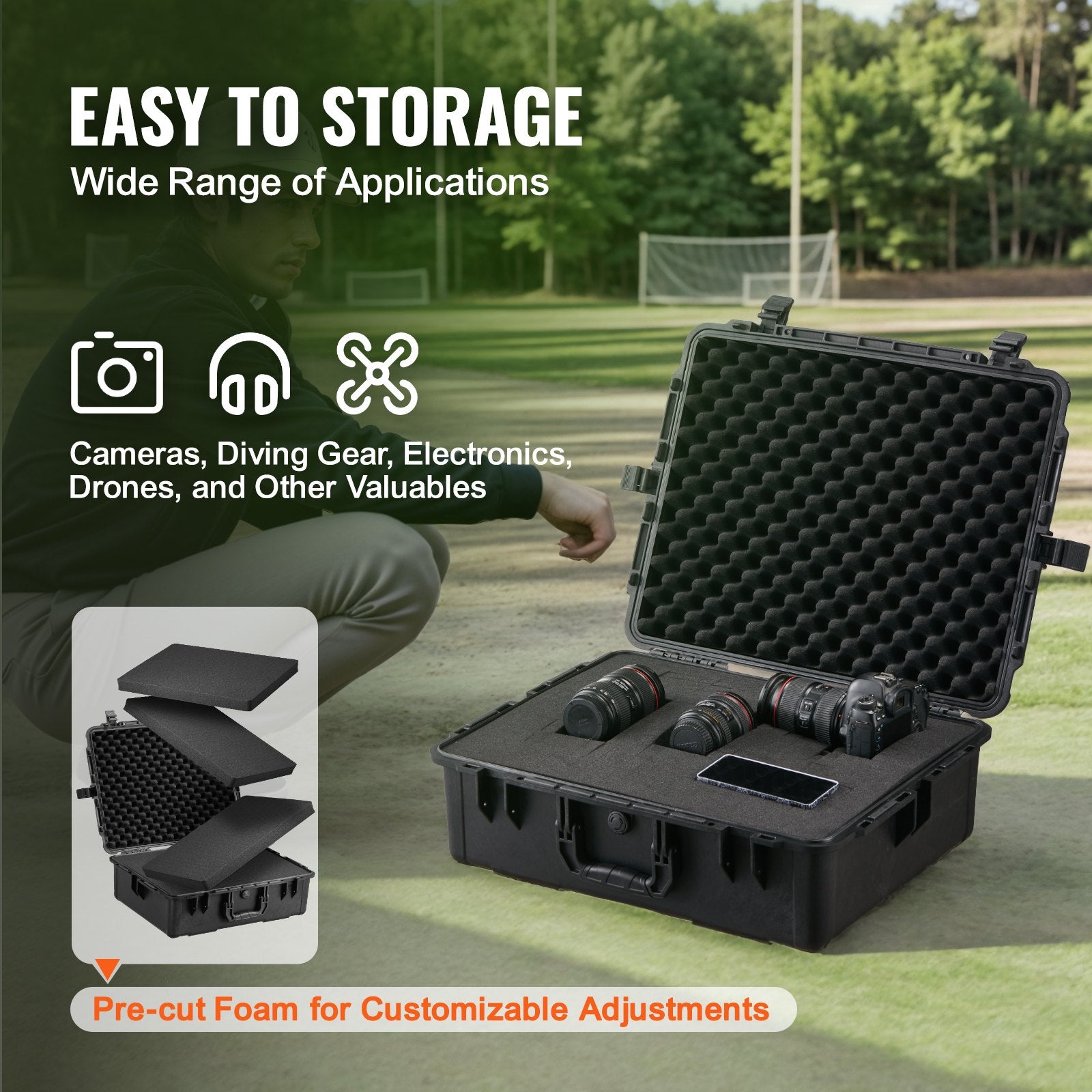 Weatherproof Hard Case Heavy Duty Protective Dry Box with Foam Pull Handles IP67