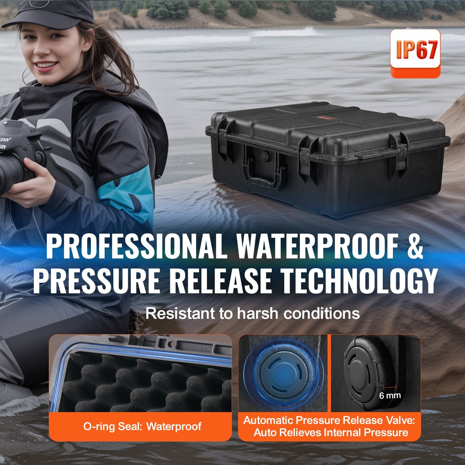 Weatherproof Hard Case Heavy Duty Protective Dry Box with Foam Pull Handles IP67