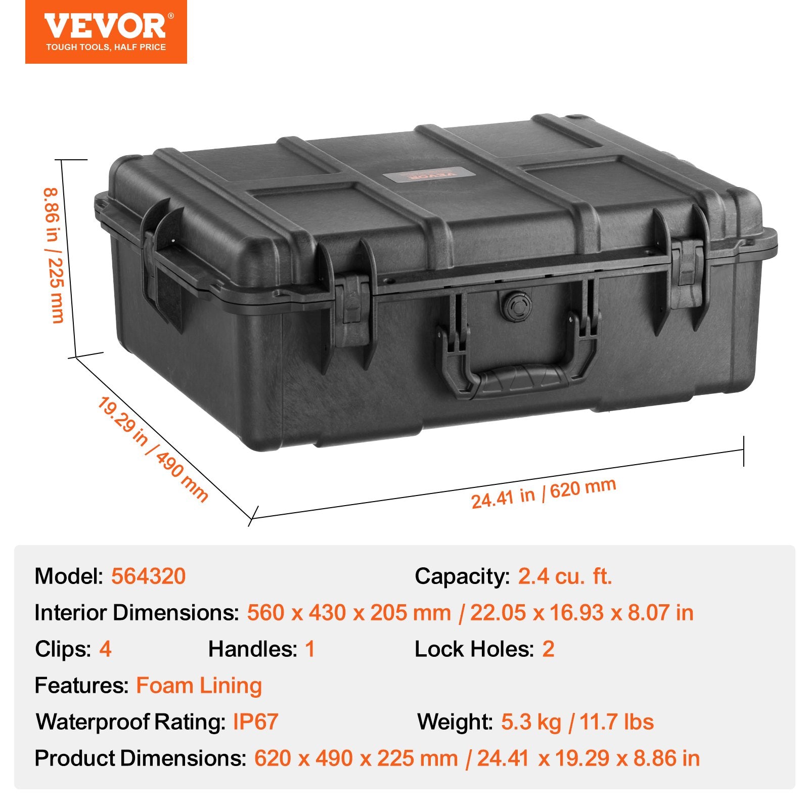 Weatherproof Hard Case Heavy Duty Protective Dry Box with Foam Pull Handles IP67
