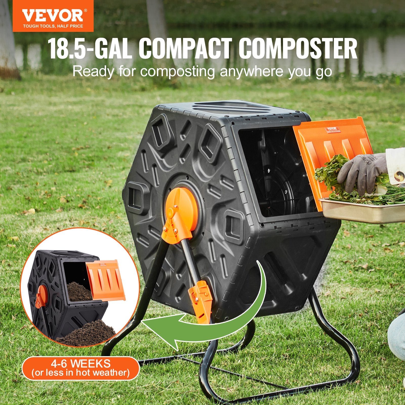 Compost Bin 18.5-Gal Small Rotating Tumbler with Sliding Door Steel Frame