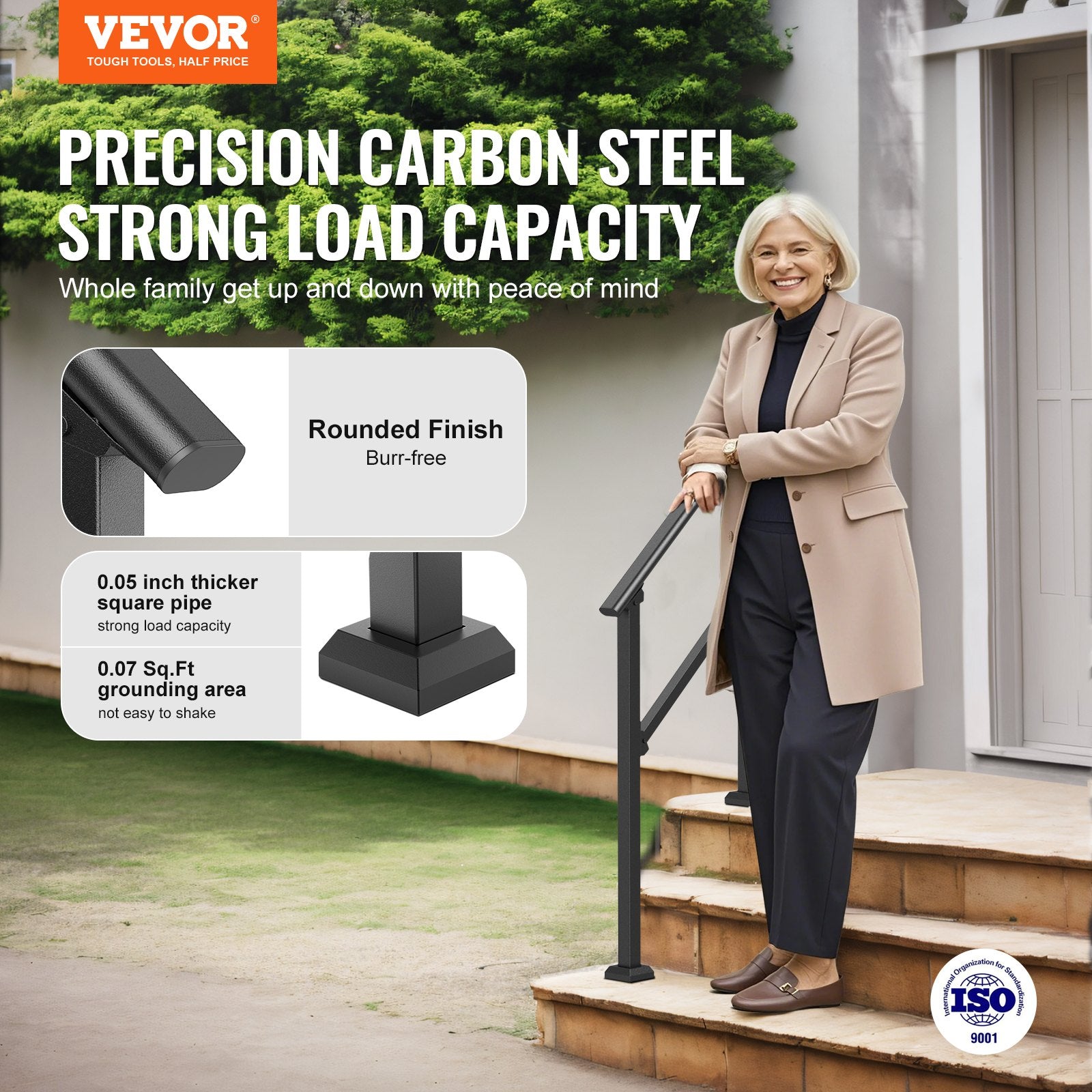 Handrails for Outdoor Steps 2-3 Step Carbon Steel Stair Rail Kit Black Square
