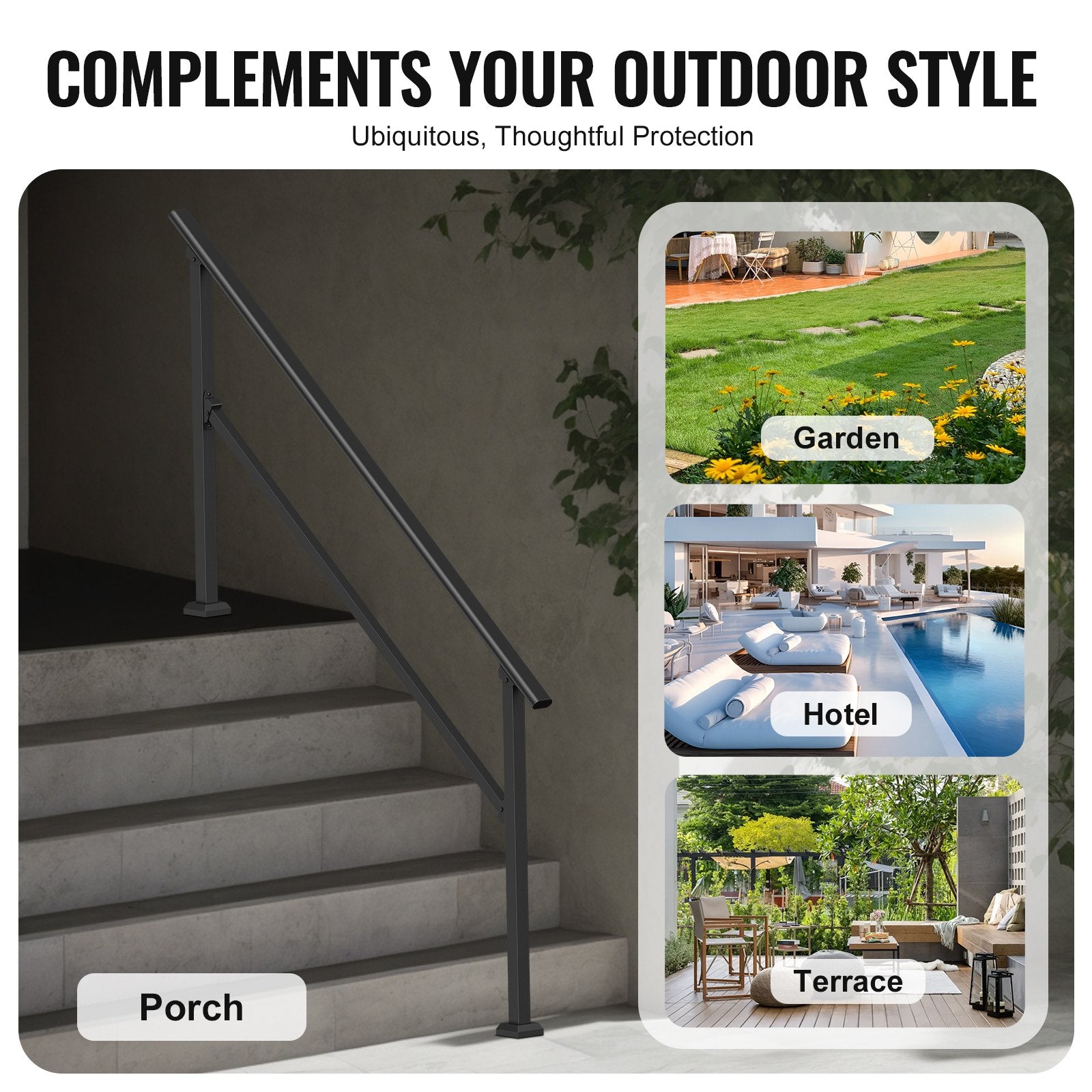 Outdoor Step Handrails, 5-Step Stair Rail Kit, Carbon Steel, Black Square Tube
