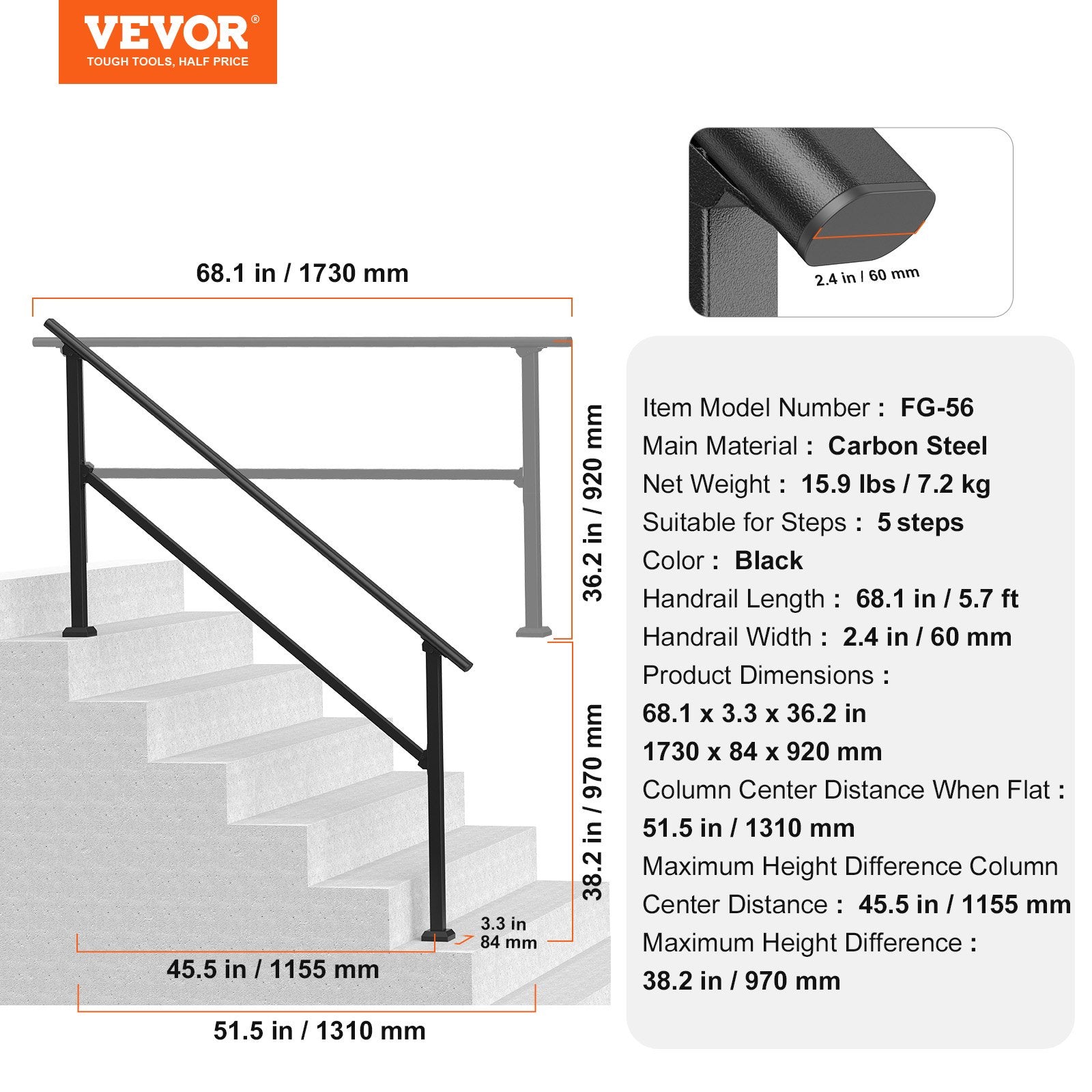 Outdoor Step Handrails, 5-Step Stair Rail Kit, Carbon Steel, Black Square Tube