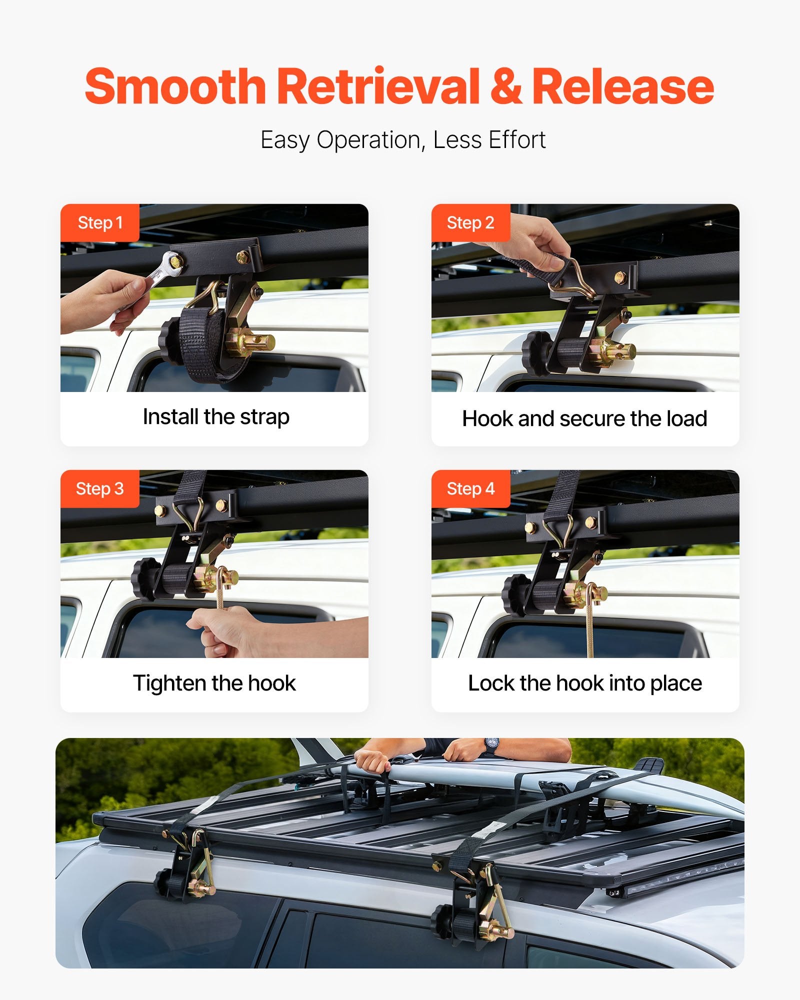 Ladder Rack Ratchet Straps 38mm x 2.25m J-Hooks 226.8kg Black Square 4-Pack