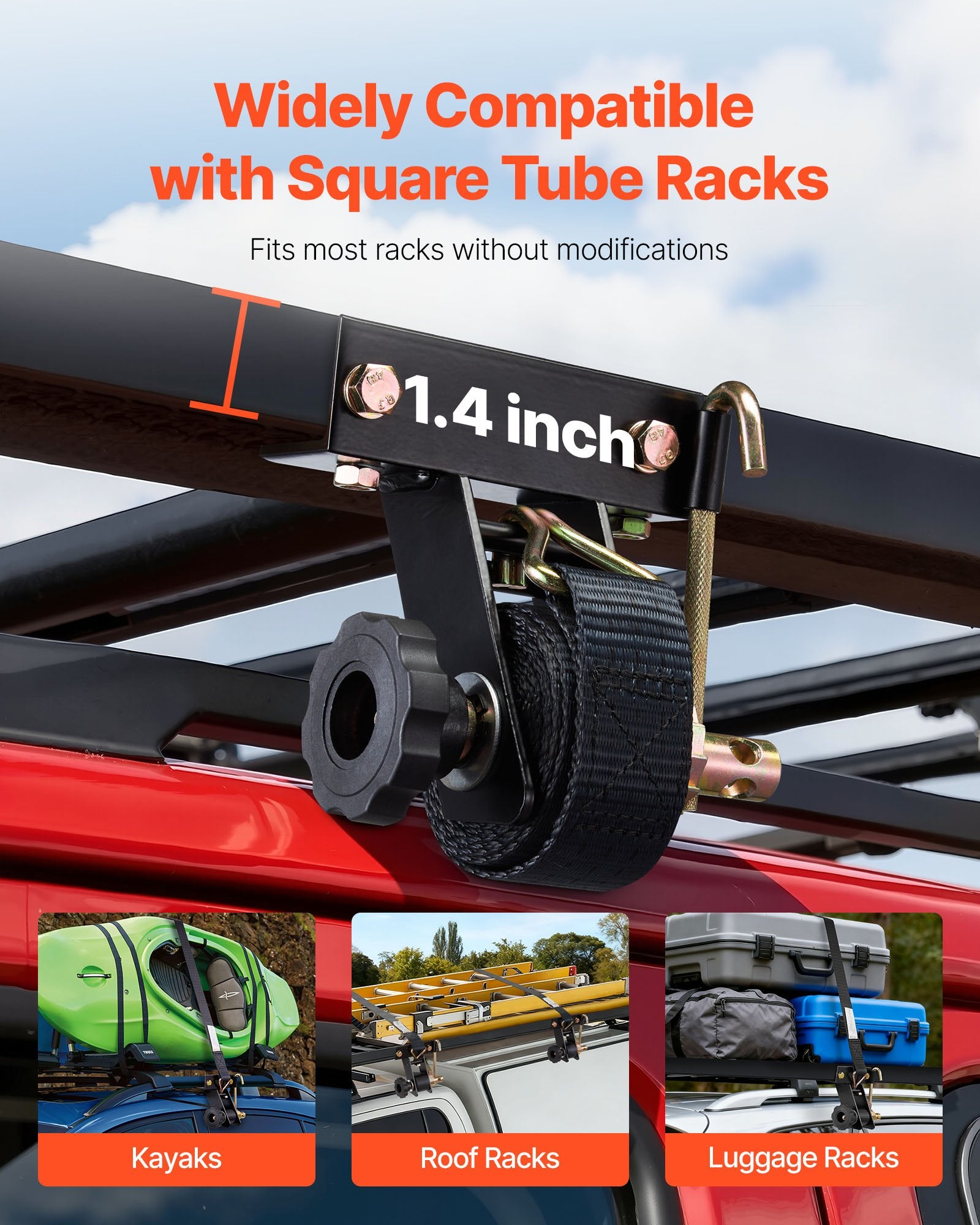 Ladder Rack Ratchet Straps 38mm x 2.25m J-Hooks 226.8kg Black Square 4-Pack