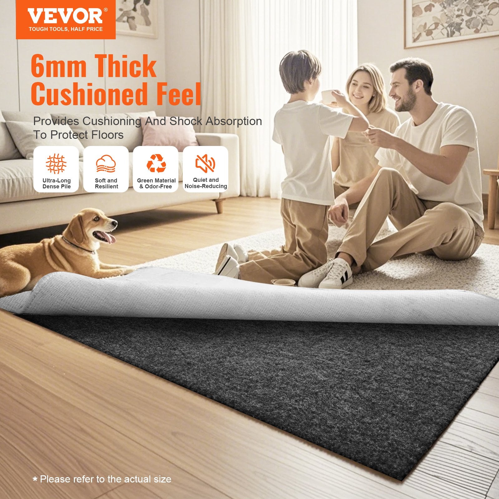 Slip-Resistant Rug Pad 9x12' 1/4" Dual Surface Felt Latex Gray Carpet Cushion