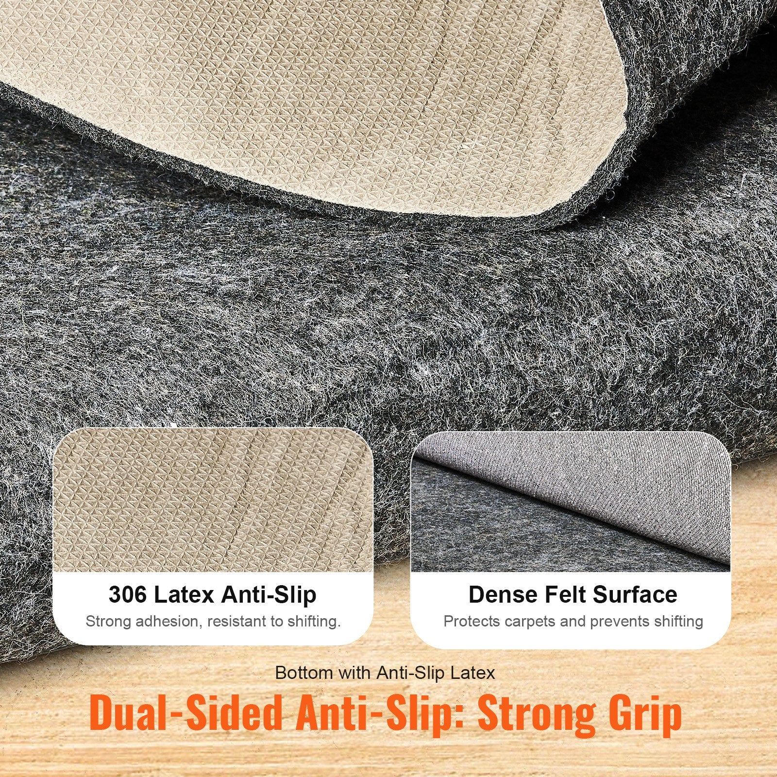 Slip-Resistant Rug Pad 9x12' 1/4" Dual Surface Felt Latex Gray Carpet Cushion