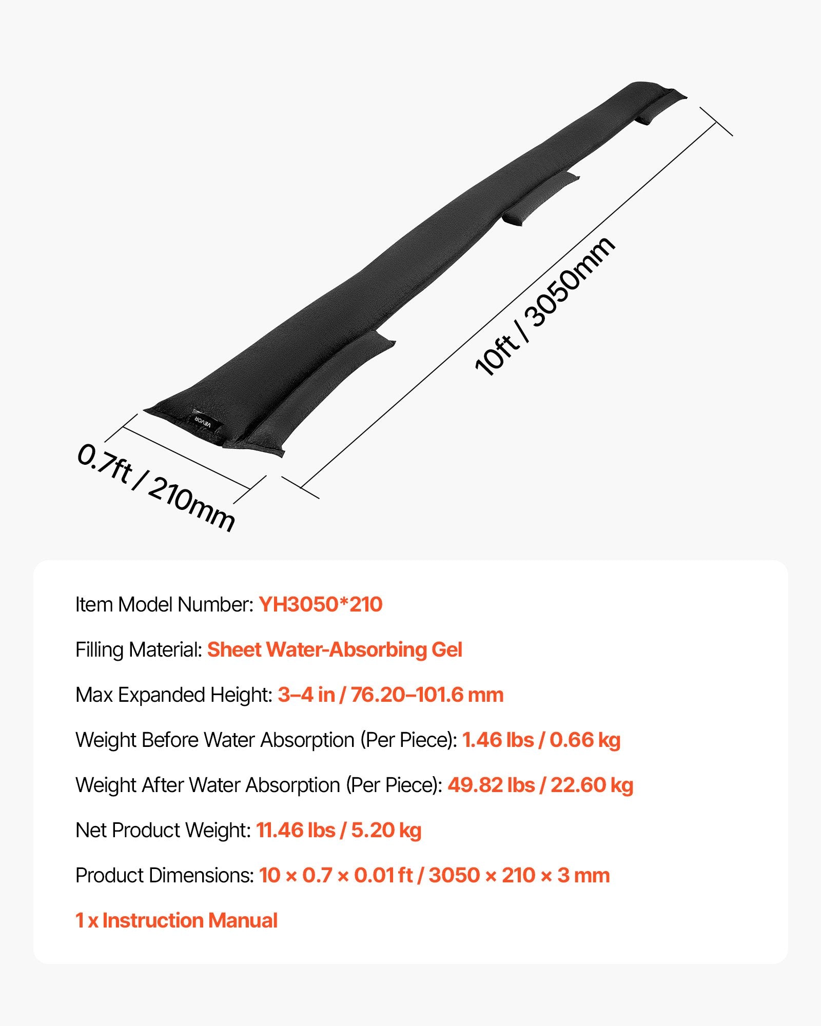 Flood Barrier 8-Pack, 3050x210mm Water-Activated Reusable Sandless Flood Bags