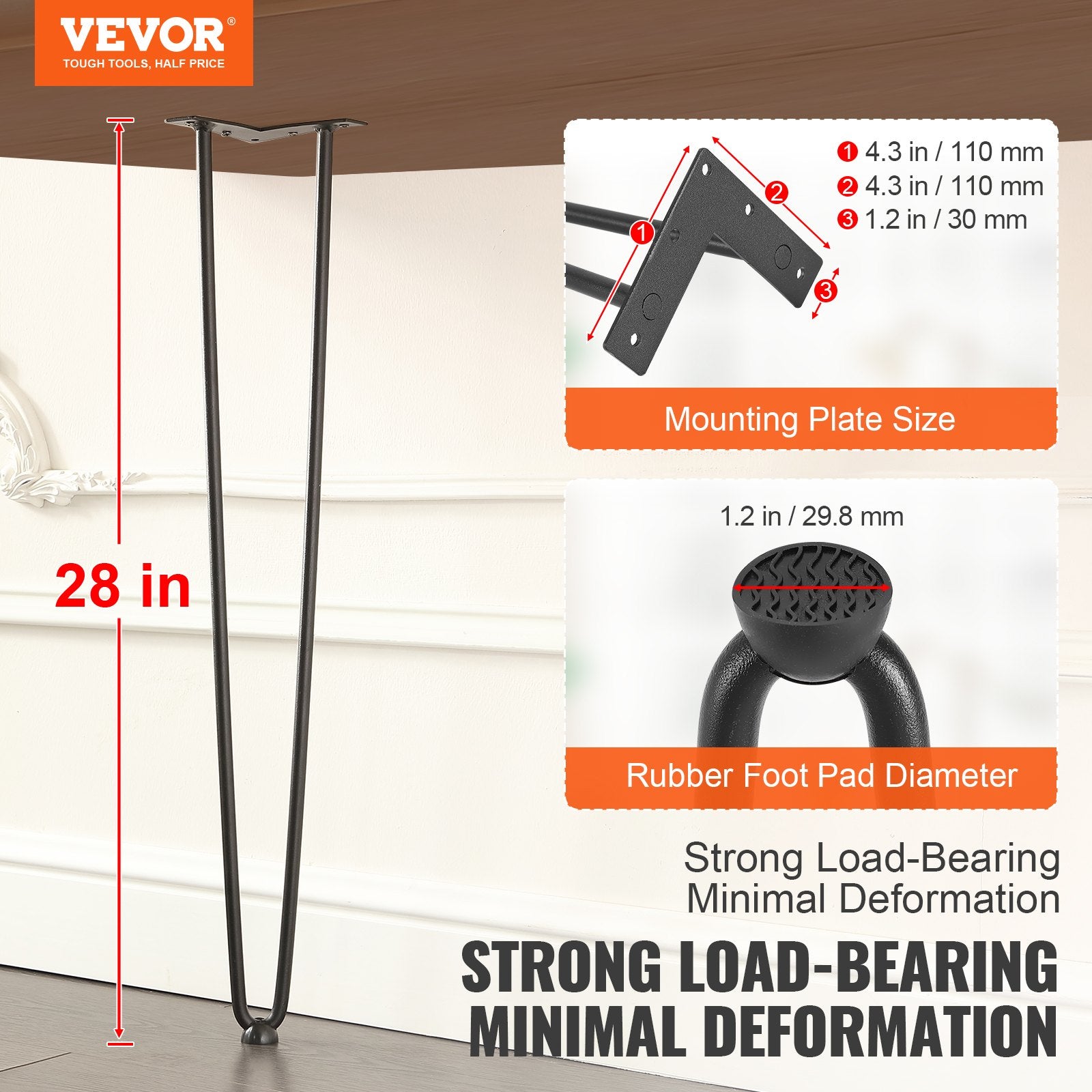 Hairpin Furniture Legs 711.2MM 4PCS, Metal Table Desk Nightstand, 226.8KG Load