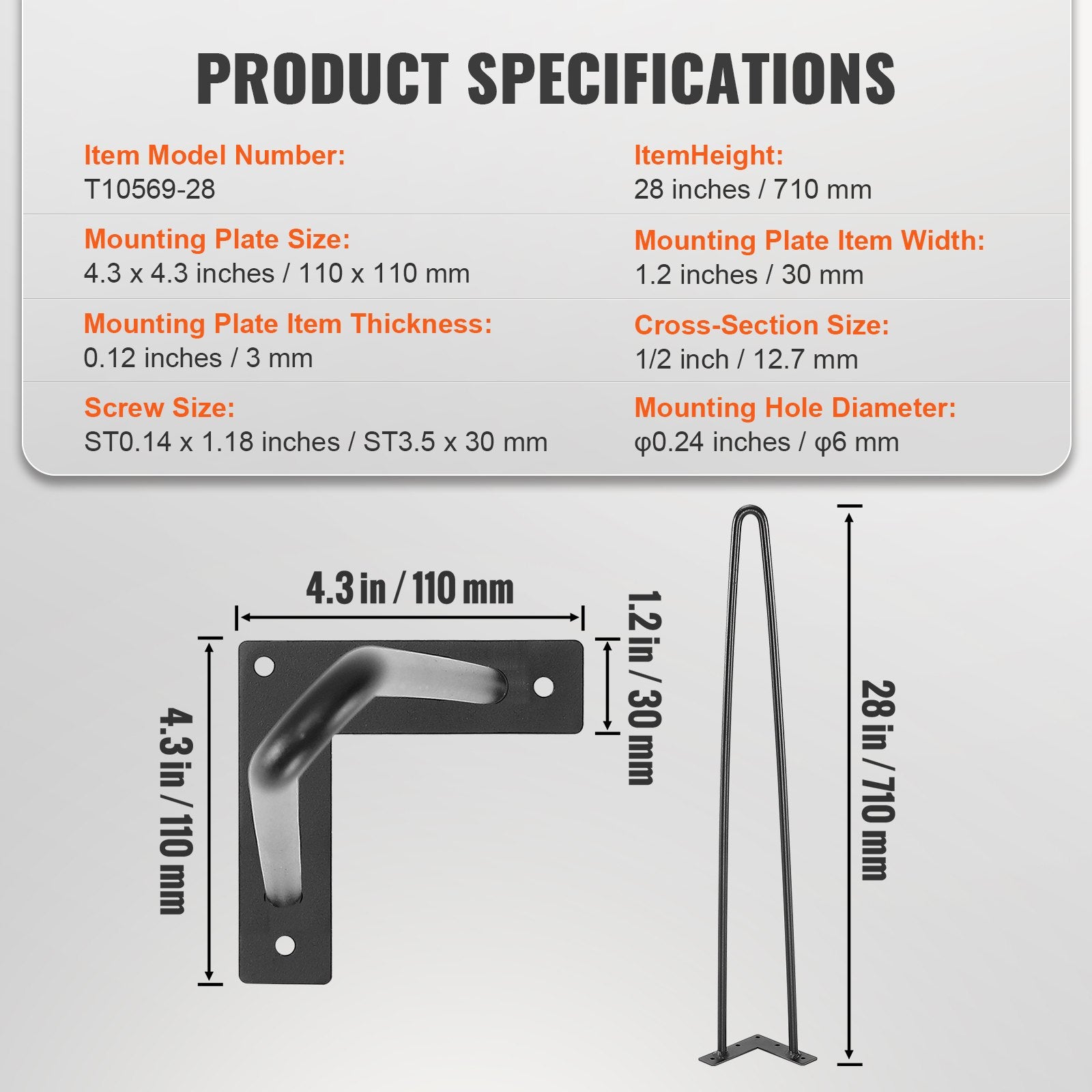 Hairpin Furniture Legs 711.2MM 4PCS, Metal Table Desk Nightstand, 226.8KG Load