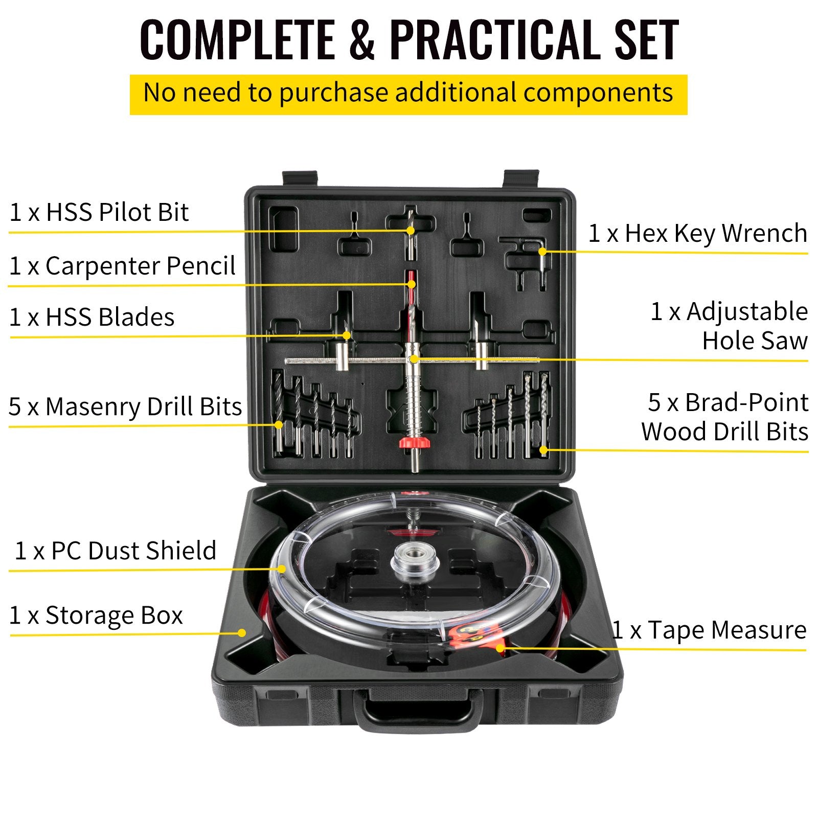 Adjustable Hole Saw Cutter Kit 40–300mm with Dust Shield & Pilot Bits