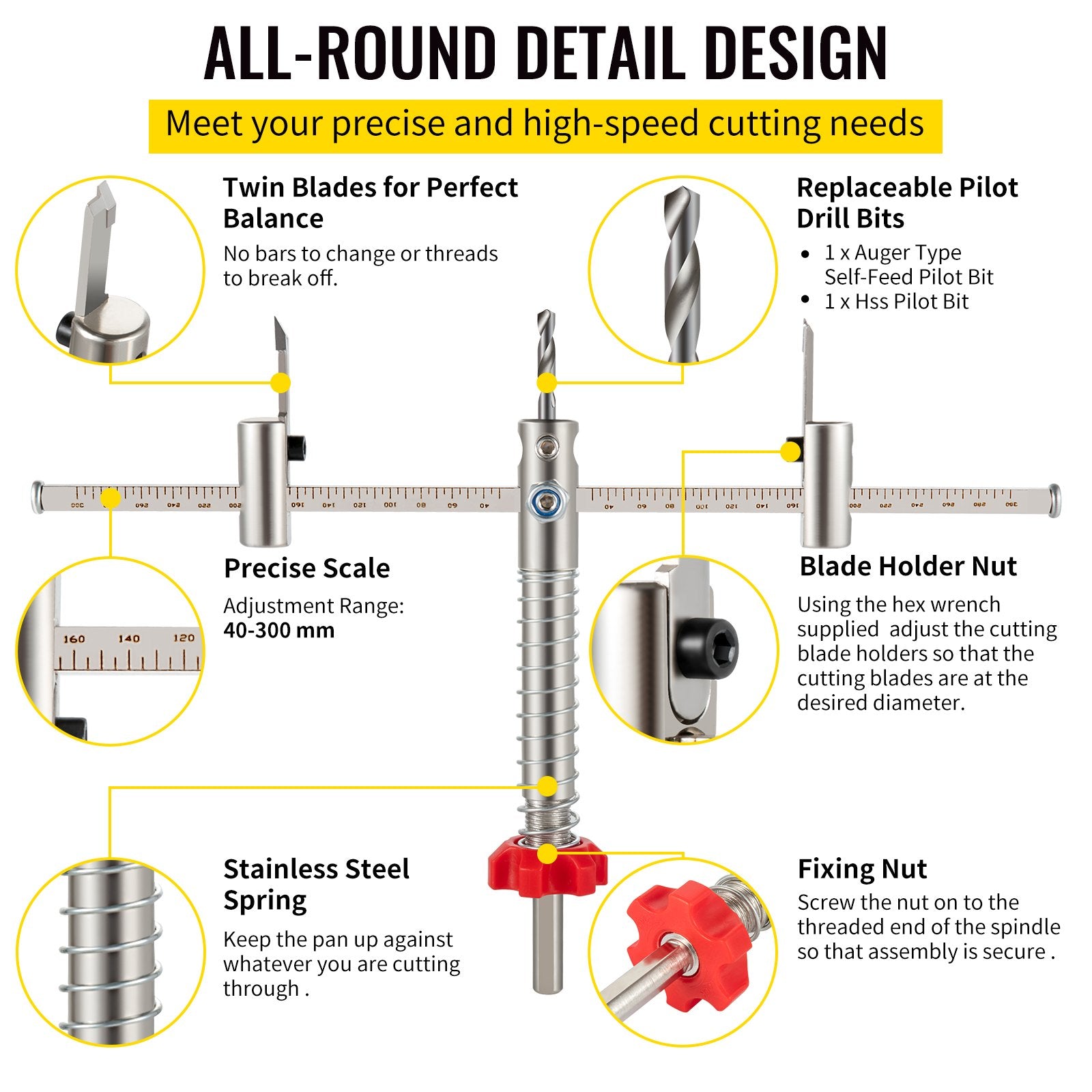 Adjustable Hole Saw Cutter Kit 40–300mm with Dust Shield & Pilot Bits