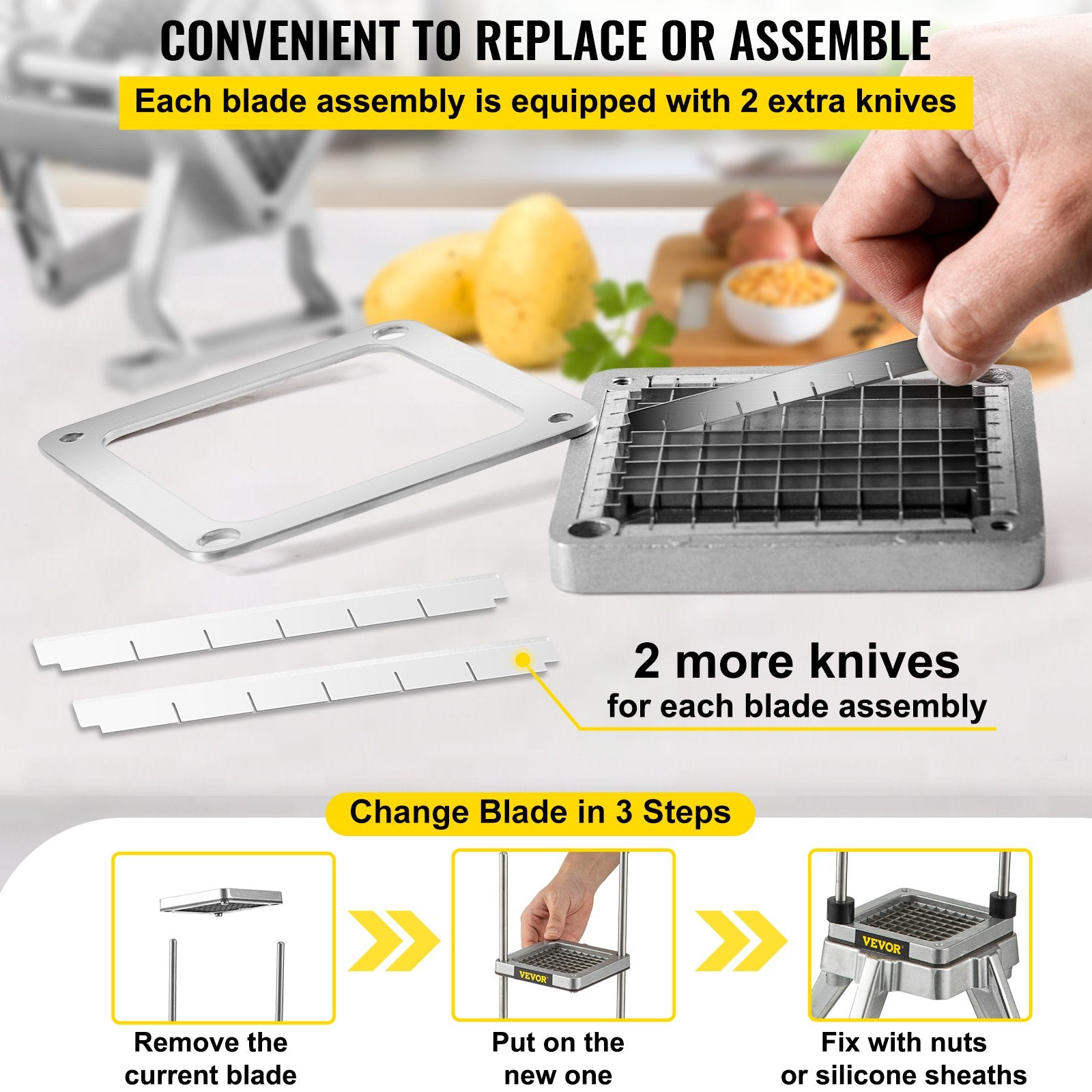 Replacement Chopper Blade 1/4 in 3PCS with 6 Extra Knives Stainless Steel Dicer