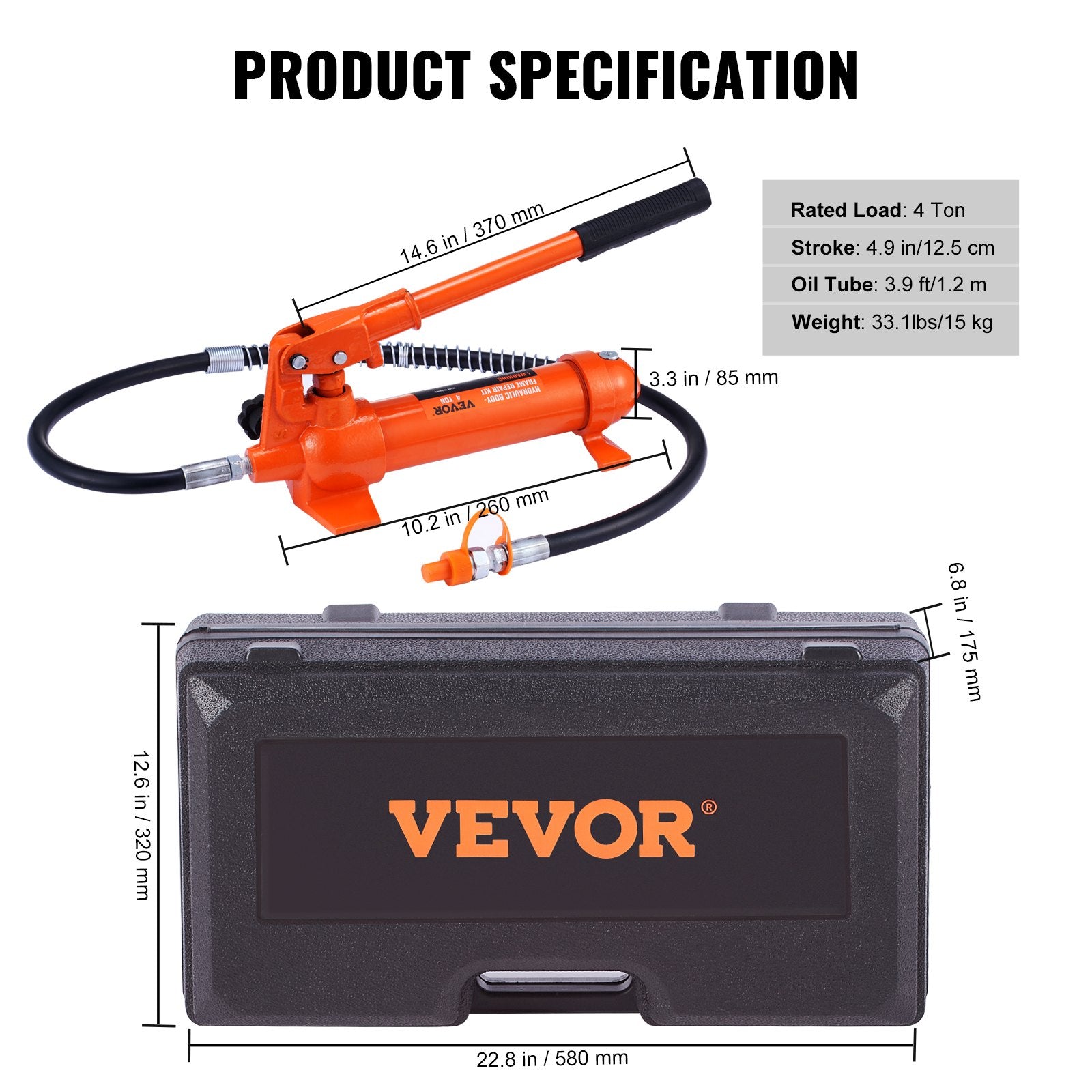 Porta Power Kit 4 Ton Portable Hydraulic Jack 3.9ft Oil Hose Car Repair 8800lbs